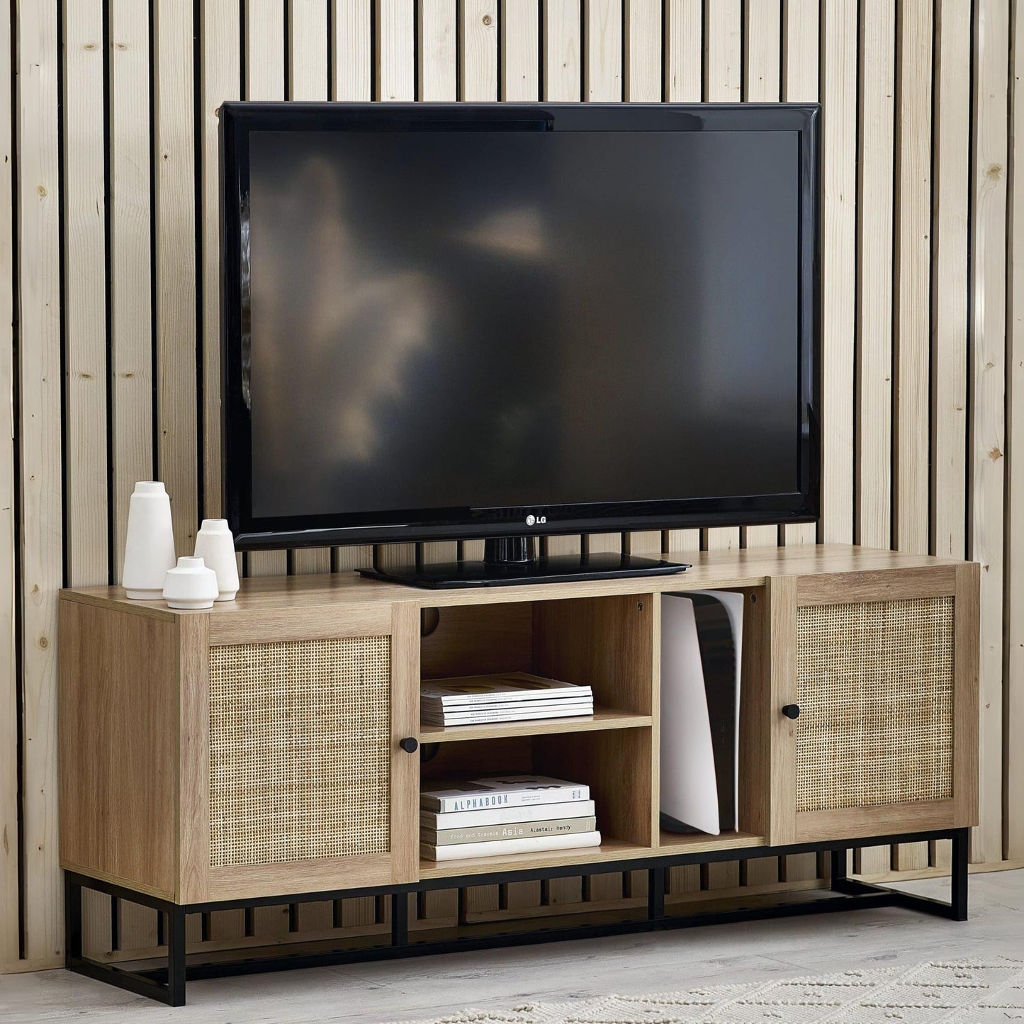 Julian Bowen Padstow TV Unit for 55" TVs, Faux Rattan, Oak Effect - W150cm