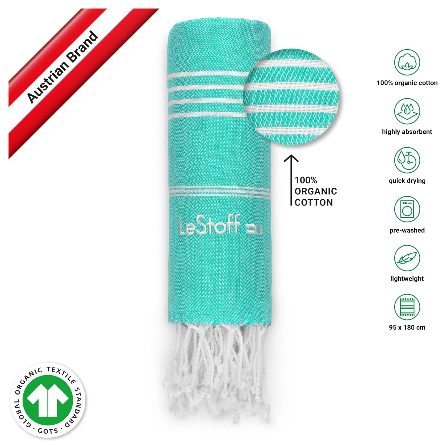 LeStoff 2 Hammam Towels/Beach Towels, 100% Organic Cotton, Turquoise/Yellow