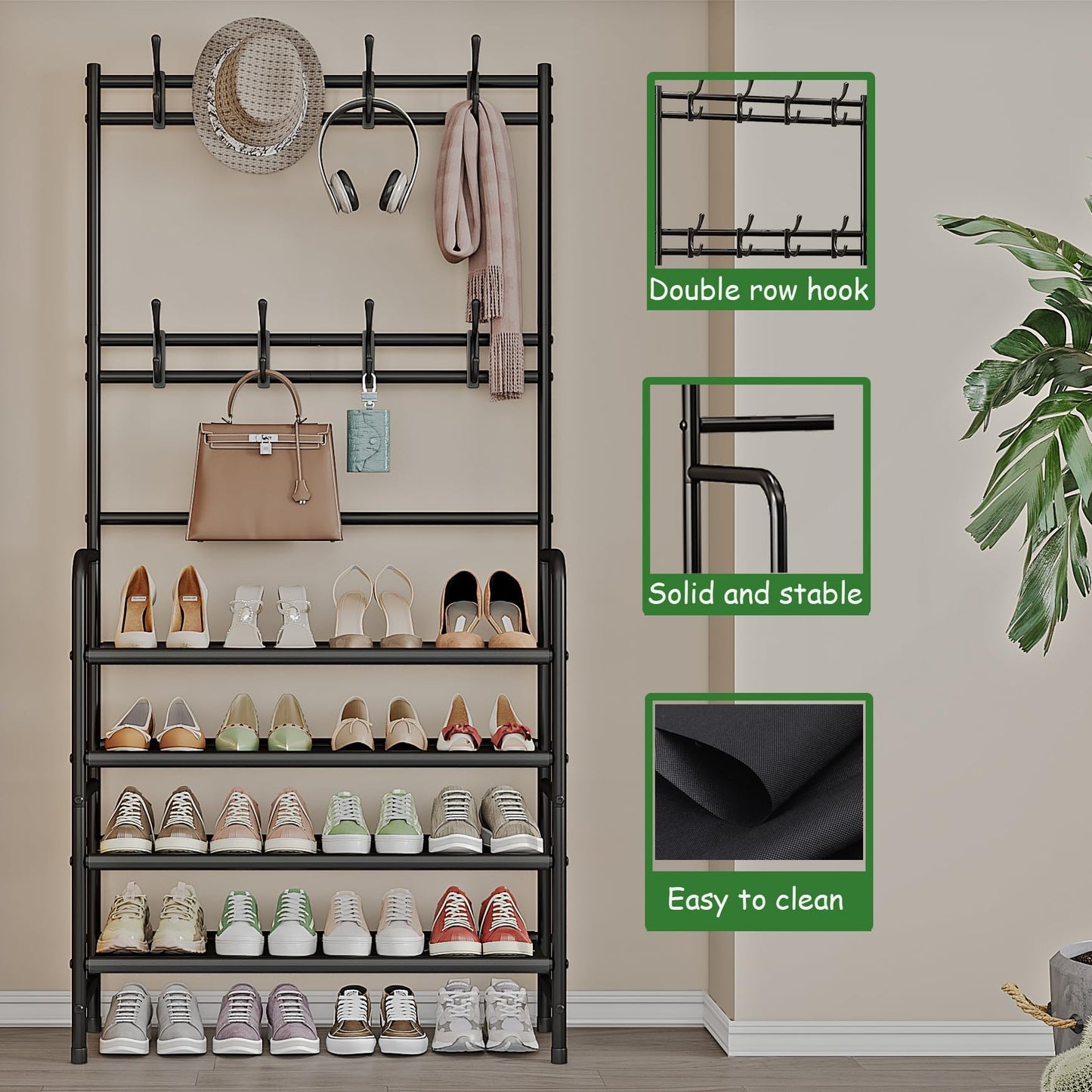 Dazioter Coat Rack Shoe Rack With Storage Shelf Freestanding with 8 Hooks for Entryway Bedroom Closet 4 Tier, Black