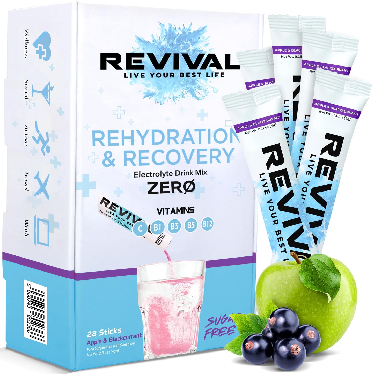 Revival Zero Rehydration Electrolytes Powder - Sugar Free Hydration Sachet Drink with Vitamins C, B1, B3, B5, B12-28 Pack Apple & Blackcurrant