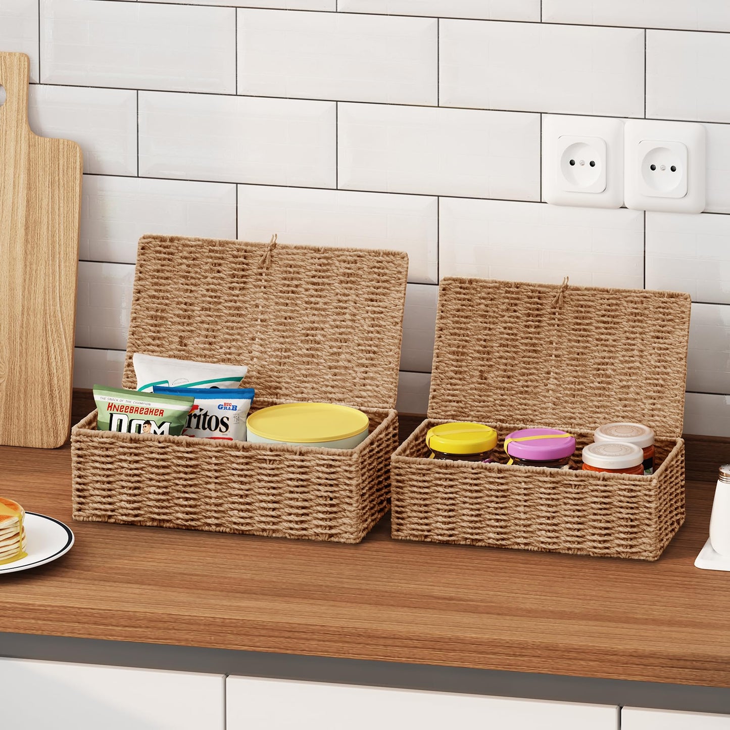 Vagusicc Storage Boxes with Lid, Handwoven Set of 2 Wicker Storage Baskets for Organizing, Nesting Storage Basket for Shelves