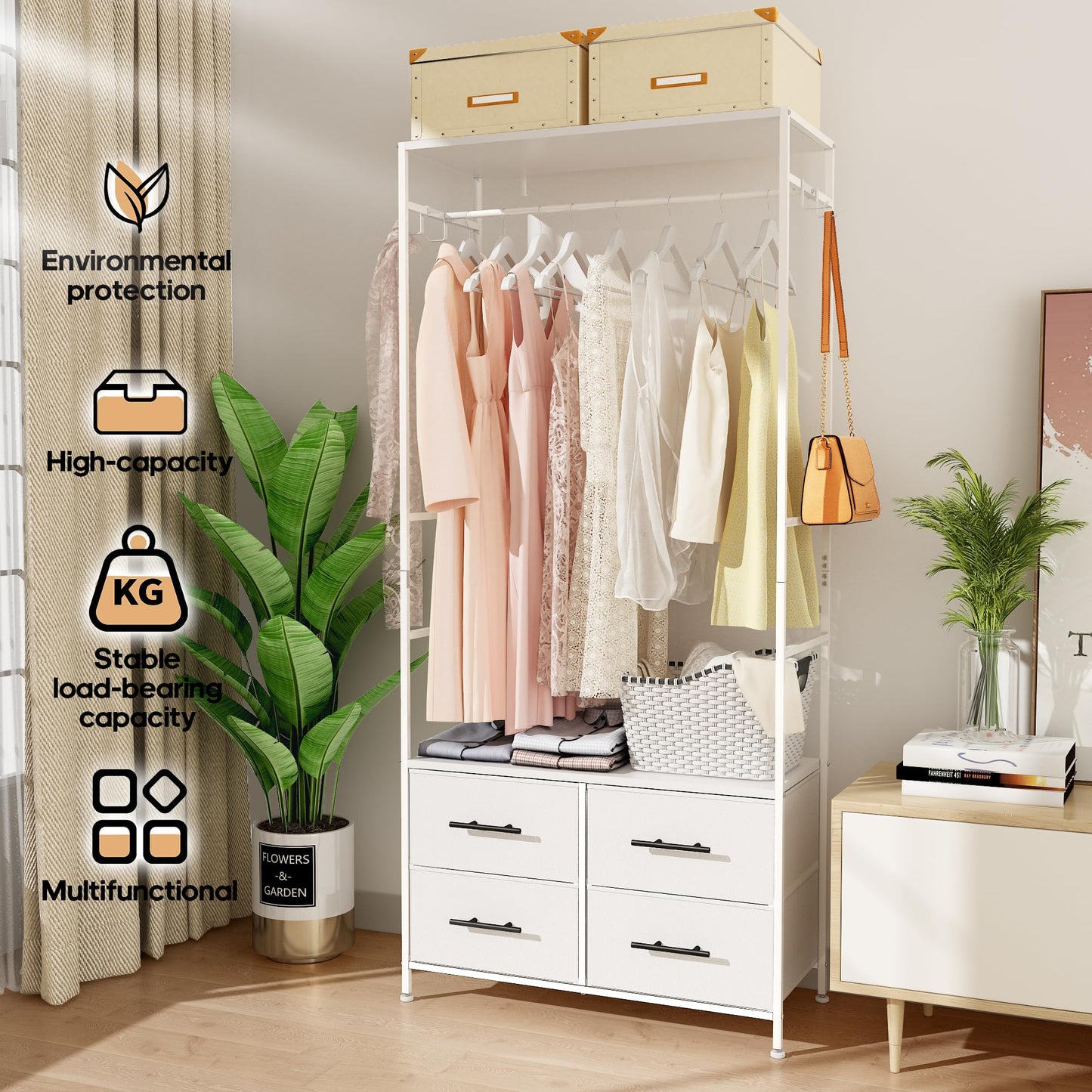 MYGIIVOVO Open Wardrobe, Clothes Rail with Drawers for Bedroom, with 4 White Fabric Drawers, 4 Side Hooks and Metal Frame 30D x 80W x 172H cm