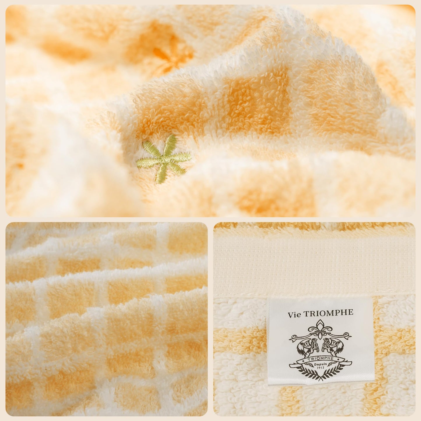 Vie TRIOMPHE 2-Pack Embroidered Checkered Bath Towels 70x130cm, Zero-Twist Long-Staple Cotton, Pink plus Yellow Jacquard Grid Pattern