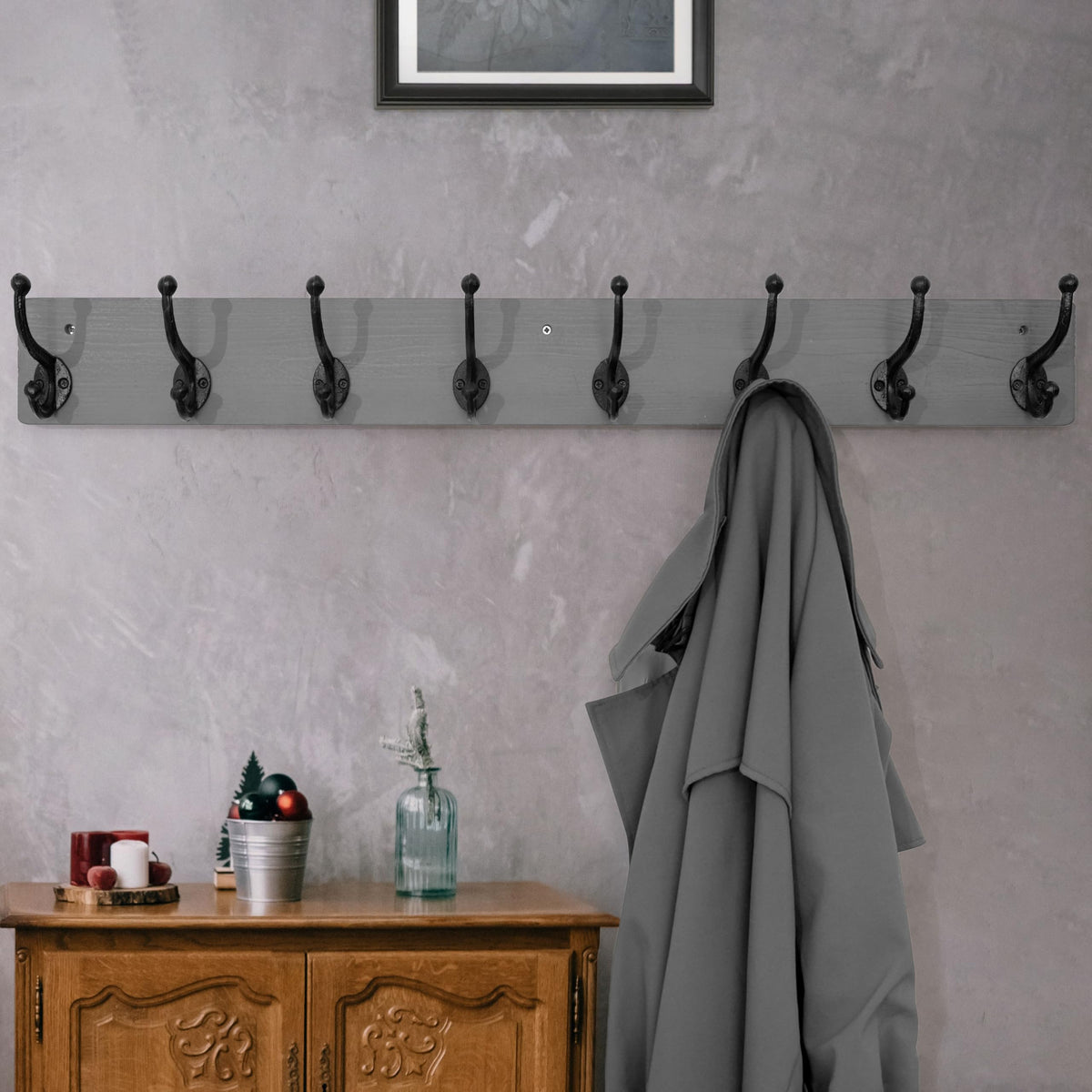WEBI Rustic Coat Rack Wall Mount Long 8 Cast Iron Coat Hooks Wall Mounted,Heavy Duty Wall Coat Hanger Hooks for Hanging Coats,Clothes,Grey