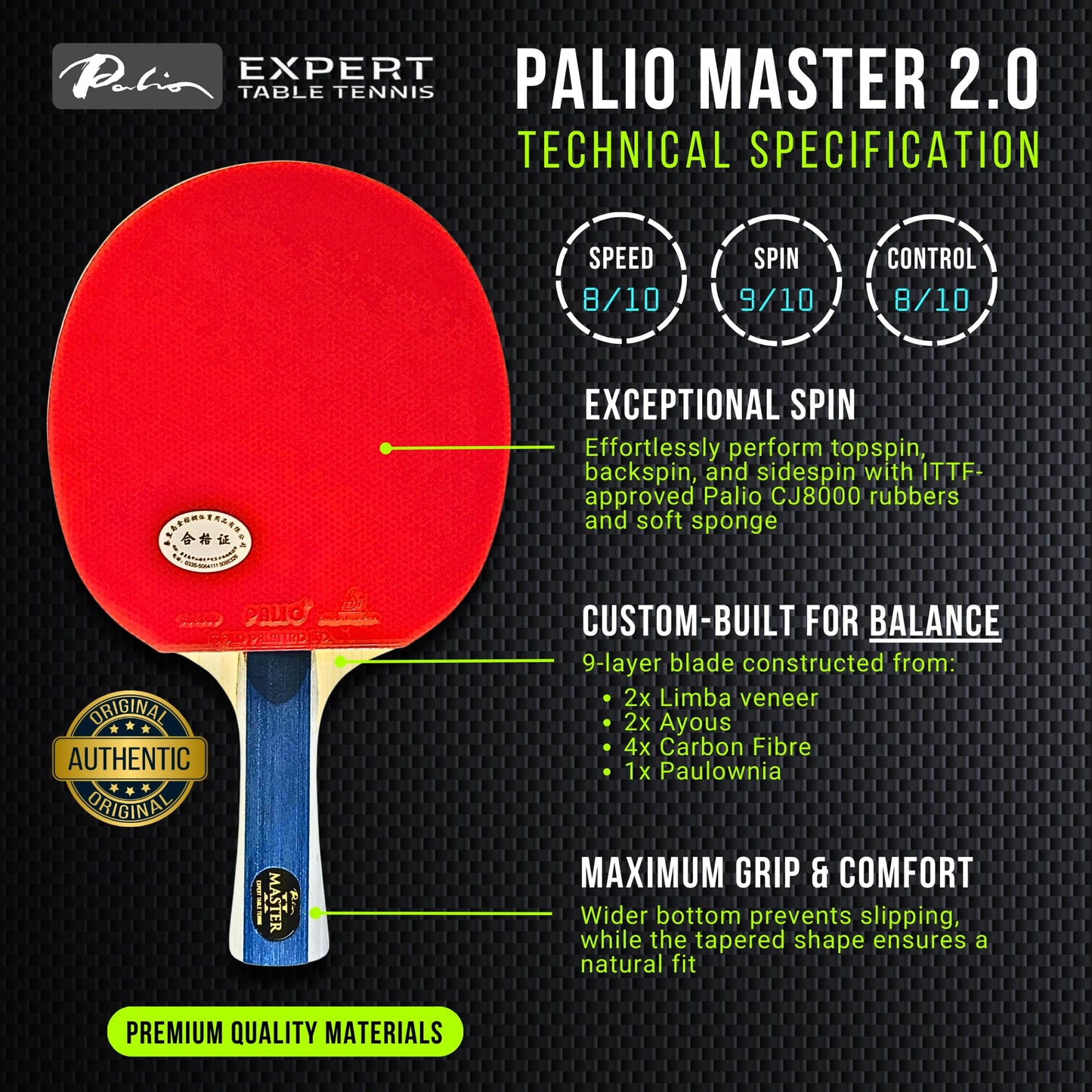 Palio Master 2.0 Table Tennis Bat & Case | ITTF-Approved Intermediate Ping Pong Racket | Allround Spin, Speed and Control