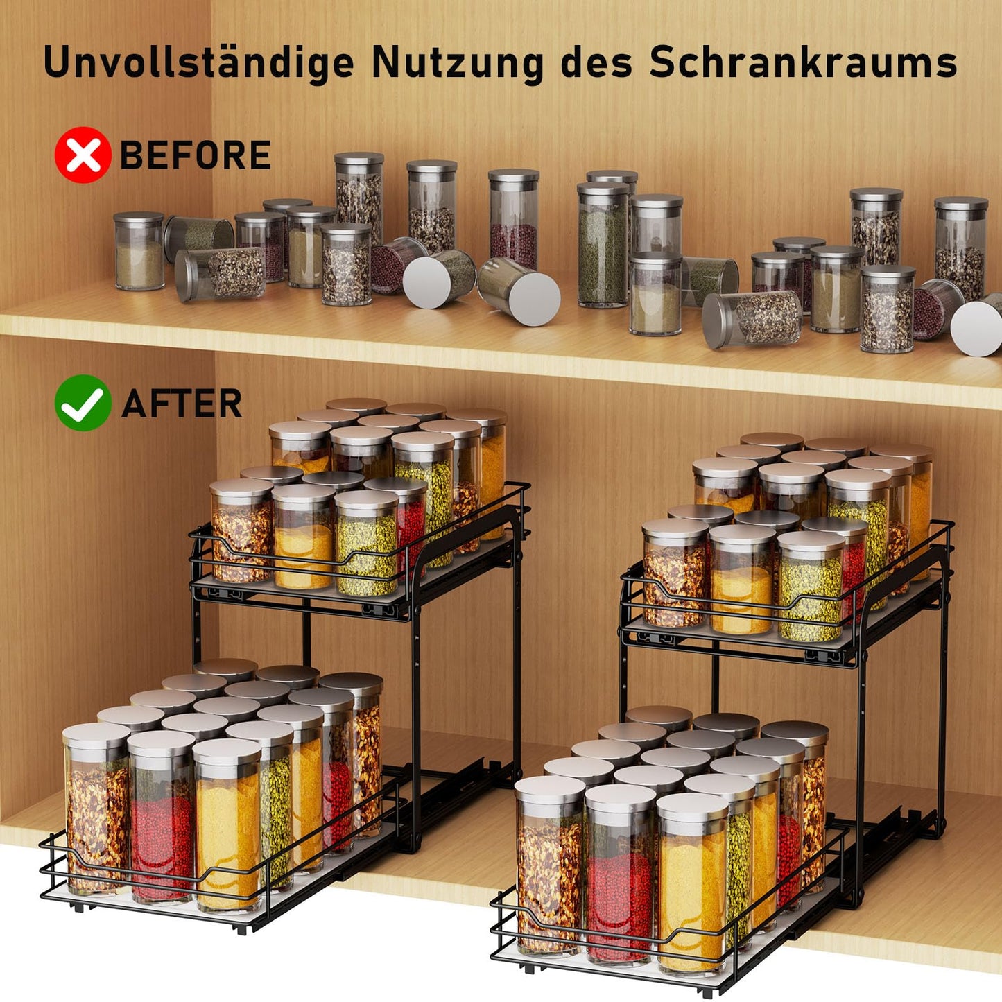 MAYZOLOP 2-Tier Pull Out Spice Rack With Adjustable Height for Inside Cupboard, Metal Kitchen Organiser, Storage Rack, 7.2in W x 10.4in L x 9in H