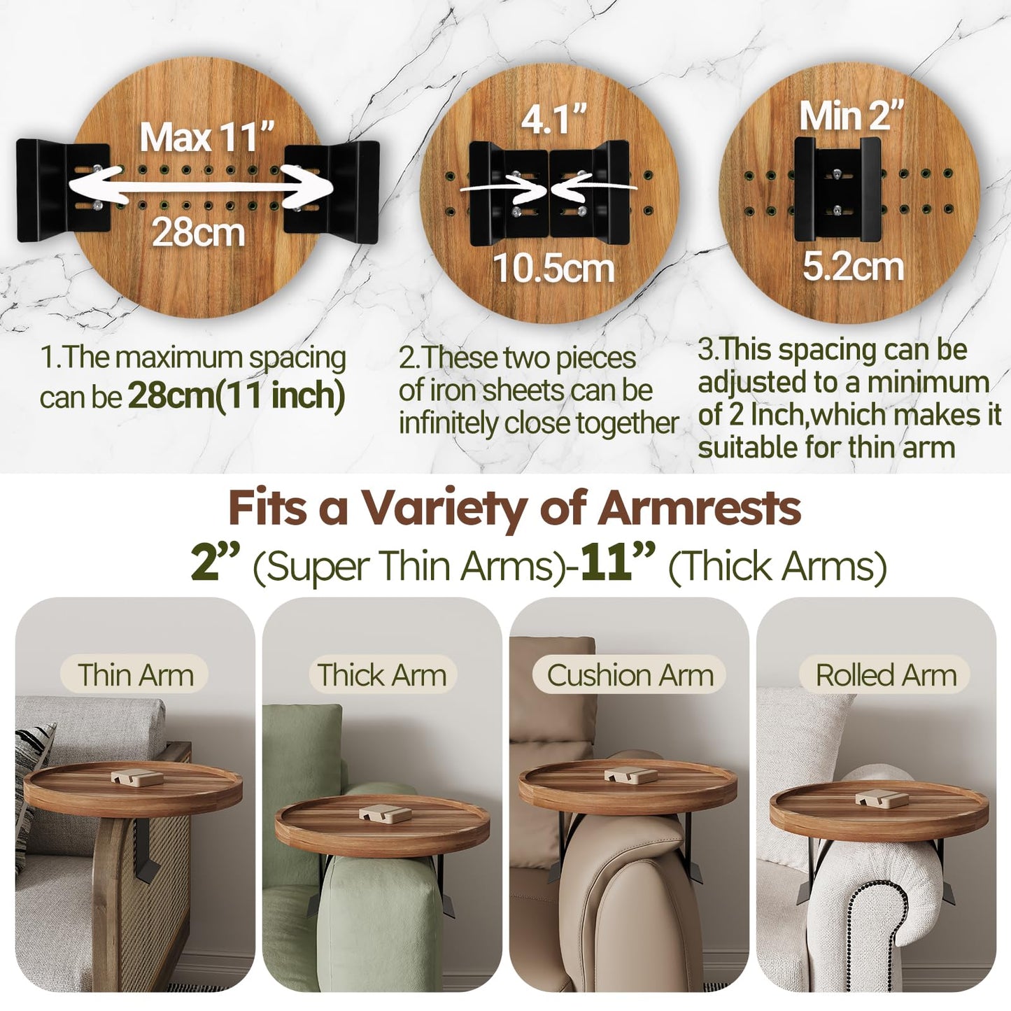 Semjar Acacia Wood Sofa Arm Table,Adjustable Round Couch Armrest Tray,Wooden Chair Arm Table Sofa Arm Tray for Wide Thin Couches Arm,Arm Trays