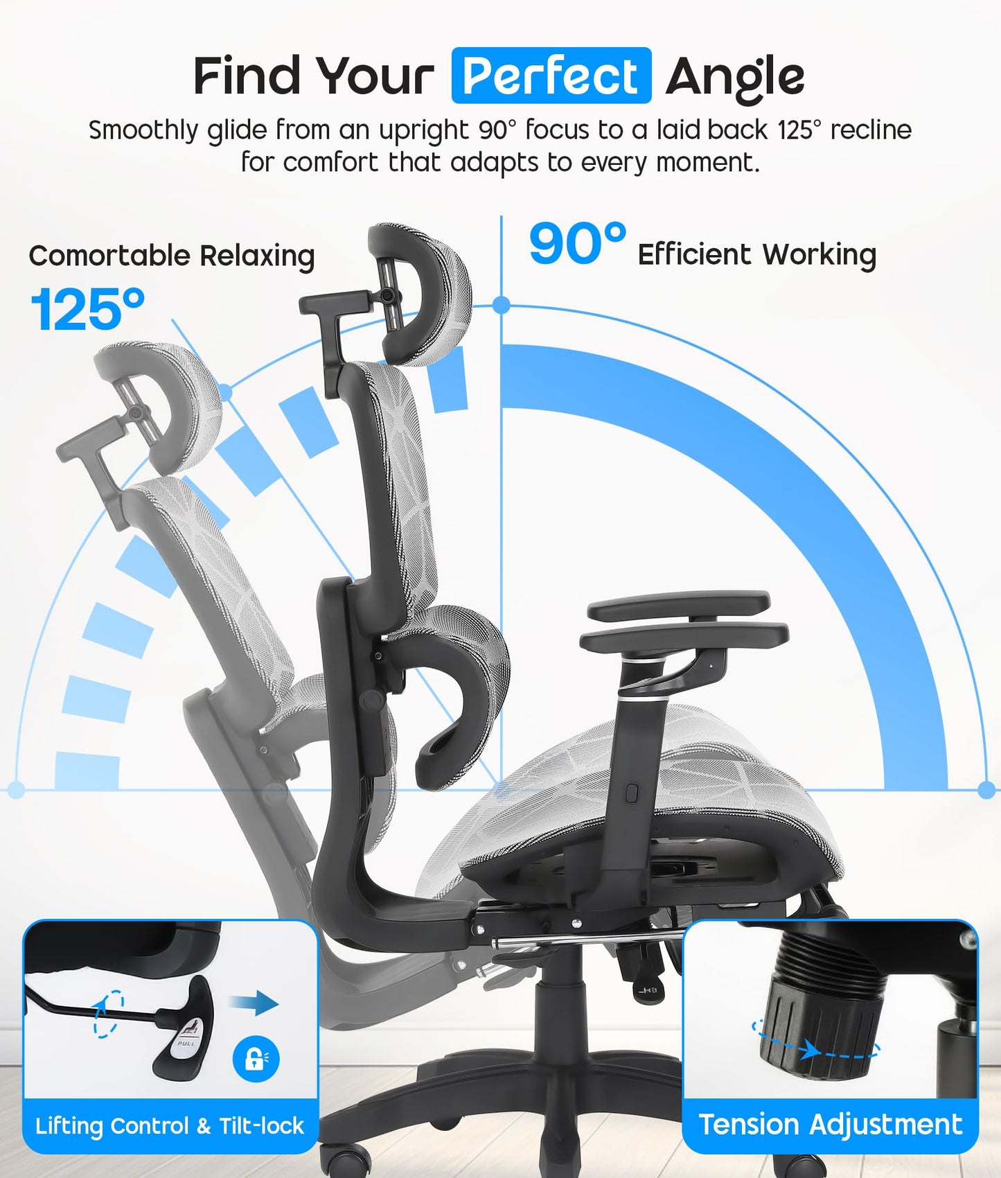 CHI ENERGY Ergonomic Desk Chair, Reclining Office Chair with Footrest, High Back Computer Chairs, Adjustable Lumbar Support, Headrest and 6D Armrest
