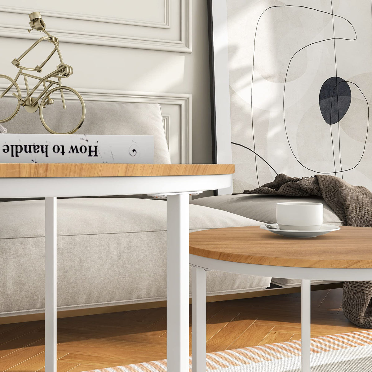 BOFENG Round Nesting Coffee Table,Set of 2 End Tables for Living Room/Bedroom/Small Space,Easy Assembly(White+Oakdk, Set of 2)