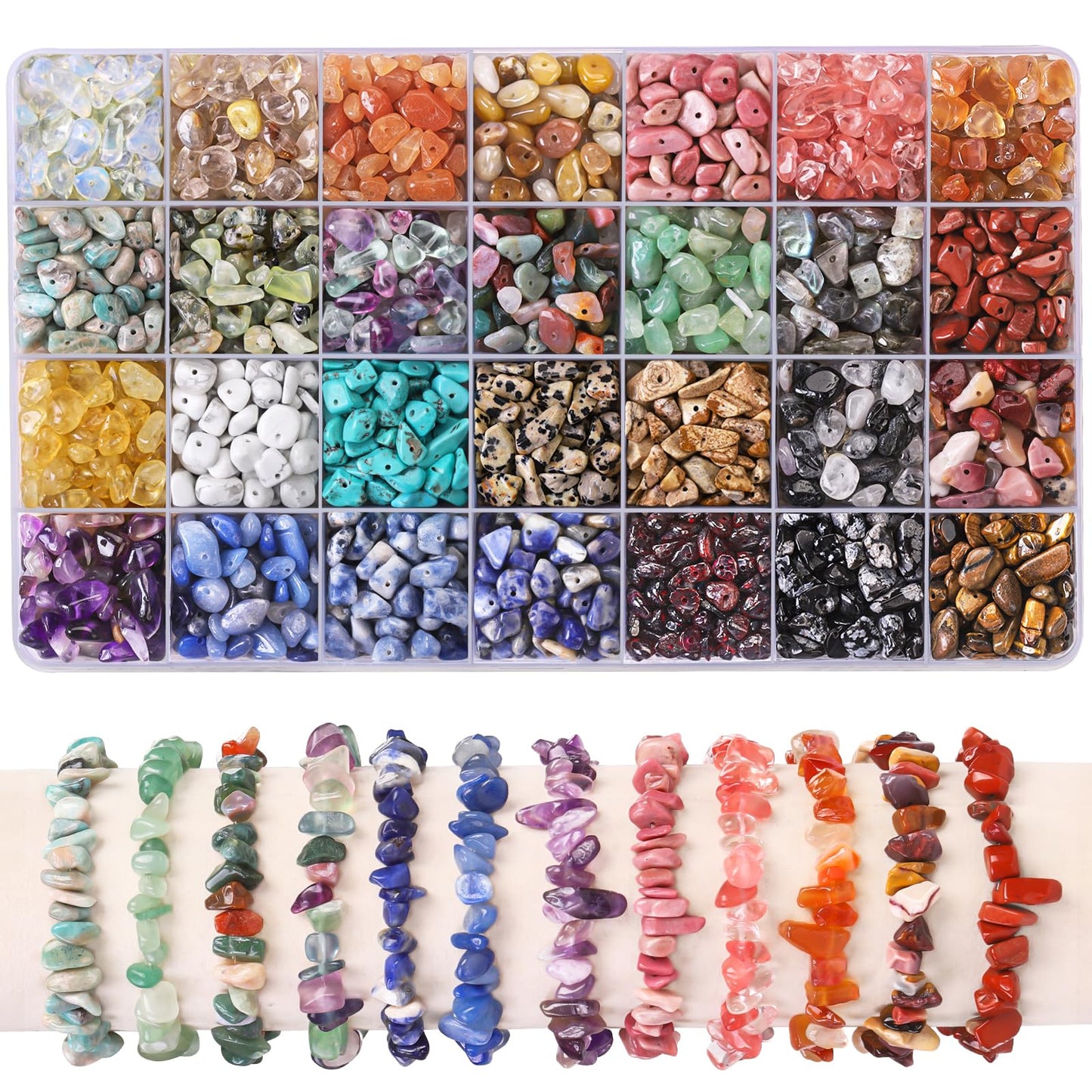 DTYDECLE1400pcs Gemstone Chip Beads, 28 Colors 5-8mm Crystal Beads for Jewellery Making Natural Irregular Crushed Chip Drilled Stone Bead for DIY