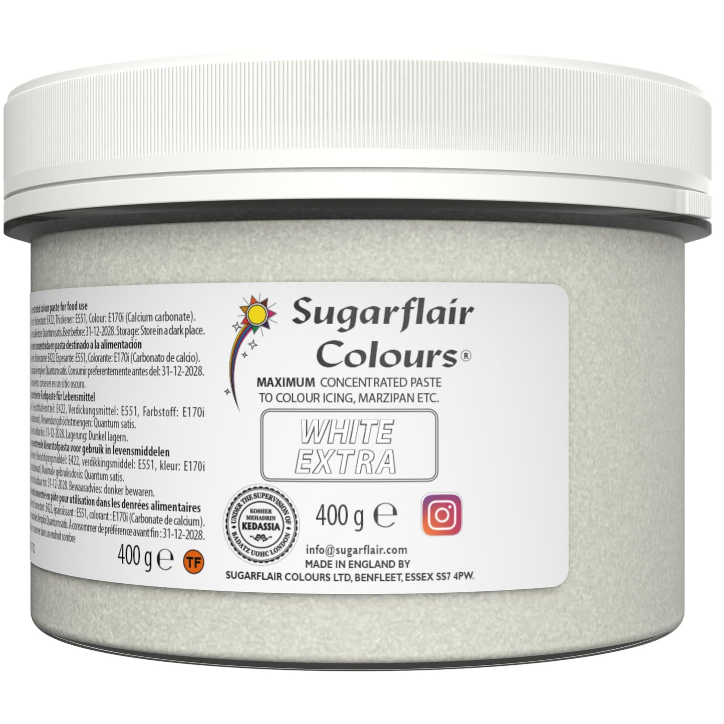 Sugarflair White Extra (E171 Free) Food Colouring Paste, Maximum Concentrated Food Colouring for Buttercream, Sugar Paste, Royal Icing, Cake Mixes and