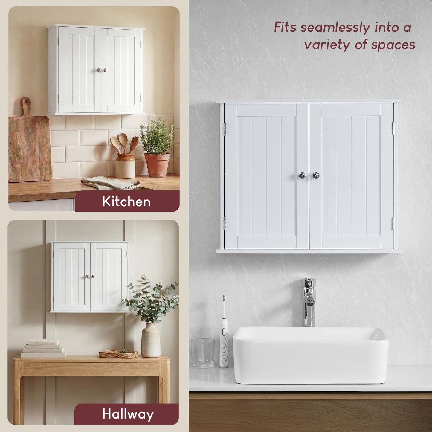 Bath Vida Priano 2 Door Bathroom Wall Cabinet | White | Space-Saving Storage | 50H x 60W x 15D cm | Adjustable Shelf | Modern Wooden Cupboard Unit