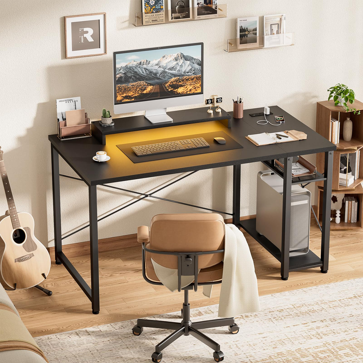 iSunirm Gaming Desk with LED Lights & Power Outlet, Reversible Computer Desk with Moveable Monitor Stand