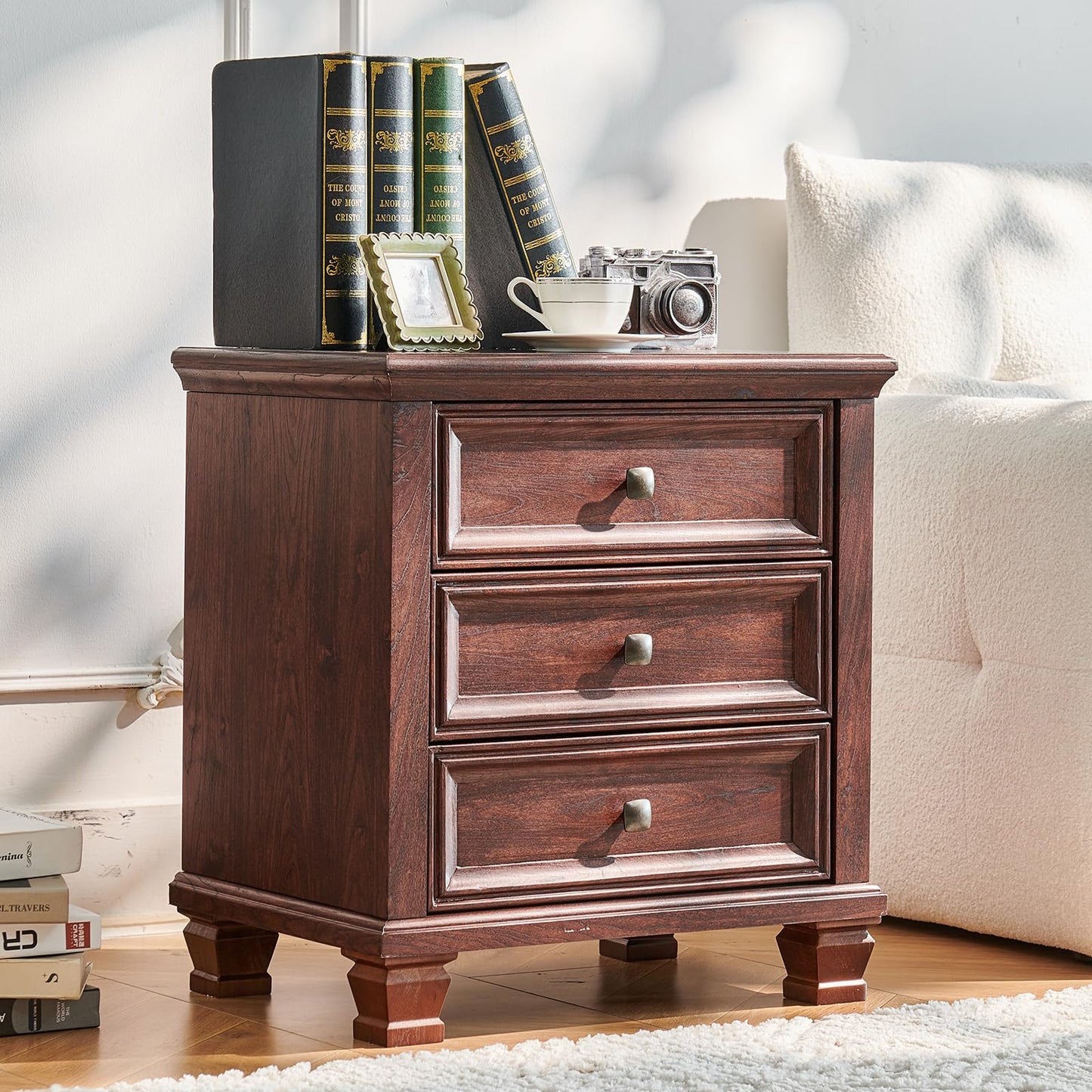 LELELINKY Farmhouse Nightstand with 3 Drawers, Rustic Couch End Table with 4 Square Solid Wood Legs, Mid-Century Modern Bed Side Table with Storage,