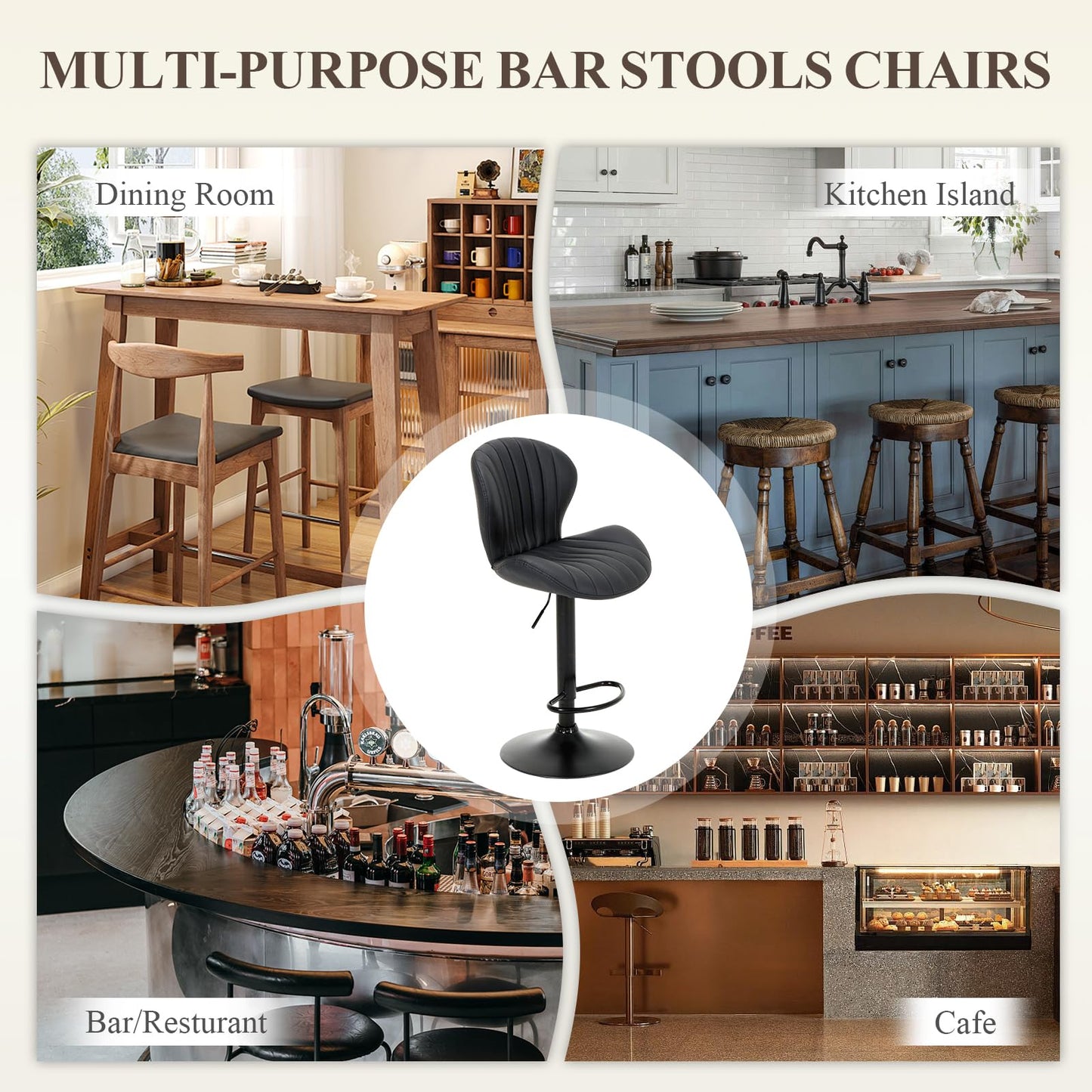 COLAMY Breakfast Bar Stools Set of 2, Modern Swivel Kitchen Bar Chairs, Adjustable PU Leather Upholstered Barstools Counter Height with High Backrest
