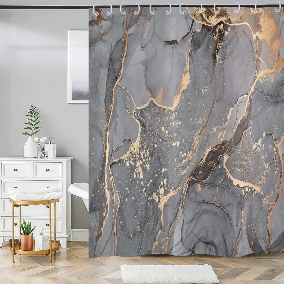 ASDCXZ Shower Curtain Marble 180x220 cm, Modern Abstract Grey Gold Black Marble Optic Texture Washable Bath Shower Curtains Polyester Textile