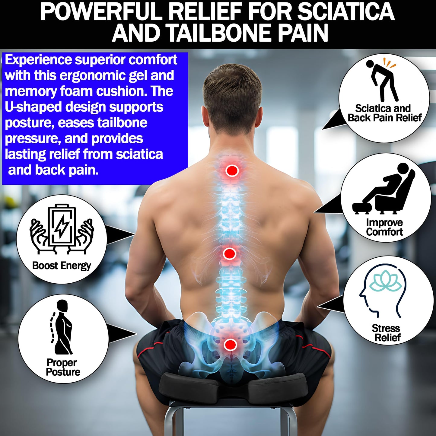 RKINC Orthopedic Memory Foam Seat Cushion, Relief for Sciatica, Back and Tailbone Coccyx Pain, Support Pad with Washable Cover