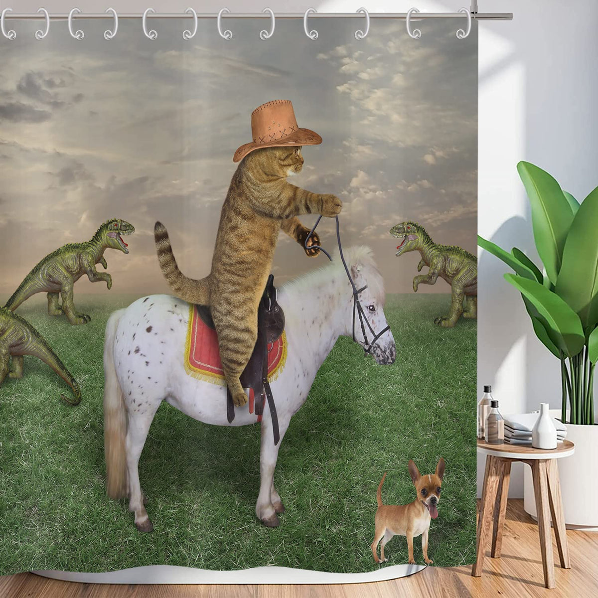 ASDCXZ Shower Curtain Funny 180x180 cm, West Cowboy Farm Funny Cat Ride Horse Washable Textile Bathroom Curtains Polyester Waterproof Shower Curtains