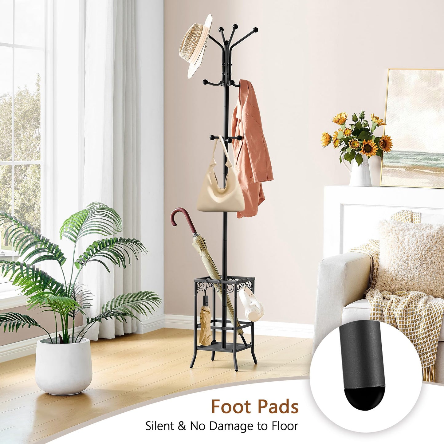 Hoctieon Coat Rack Freestanding, Coat Tree with Umbrella Holder, Metal Coat Rack Stand with 12 Hooks, Standing Coat Hanger Stand