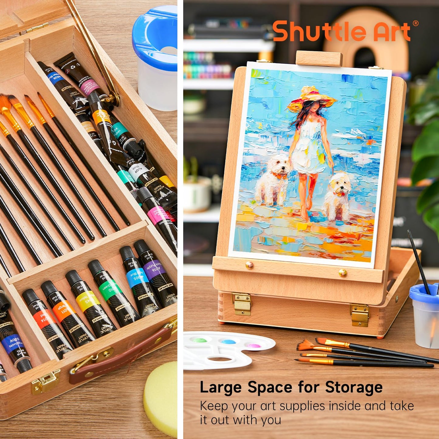 Shuttle Art 59 Pack Acrylic Painting Set, Professional Deluxe Art Set with Table Top Easel, 30 Colours Acrylic Paints Set, Canvas, Brushes, Complete
