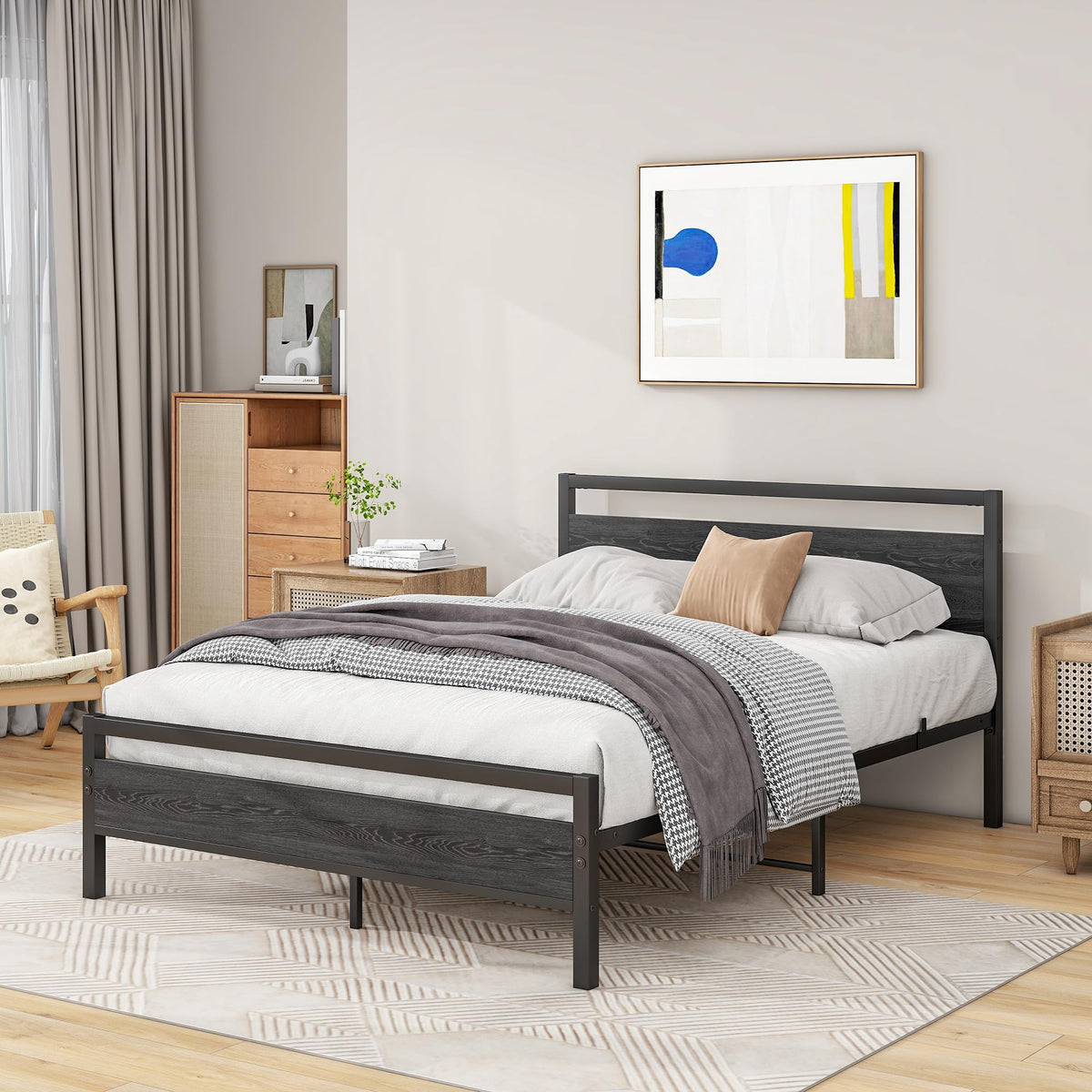 BOFENG 4ft6 Double Bed Frames with Wood Headboard,Heavy Duty Metal Platform Bed Frame Double Bed No Box Spring Needed,Mattress Foundation/Under Bed