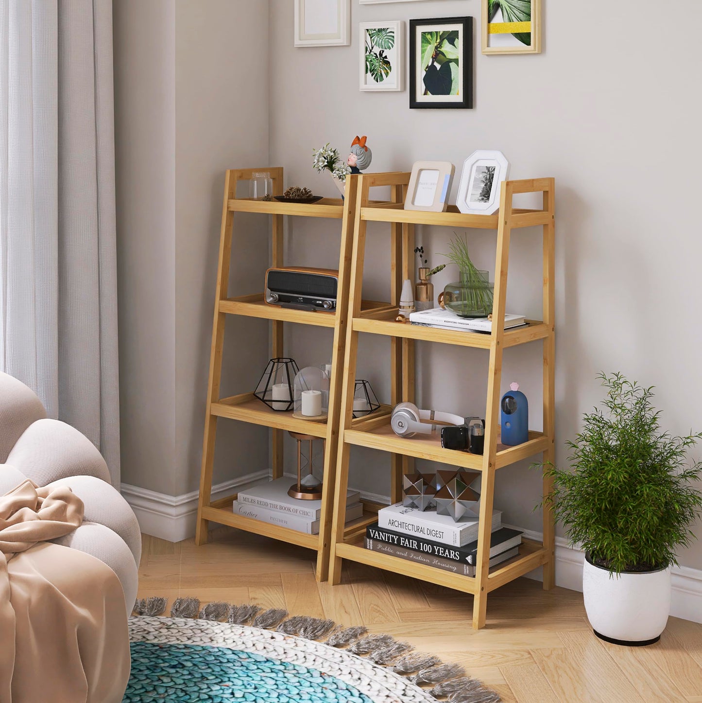 SMIBUY Bamboo Ladder Bookcase, Bathroom Storage Rack Organizer, 4 Tier Freestanding Plant Display Stand Space Saver Shelves for Bedroom, Kitchen,