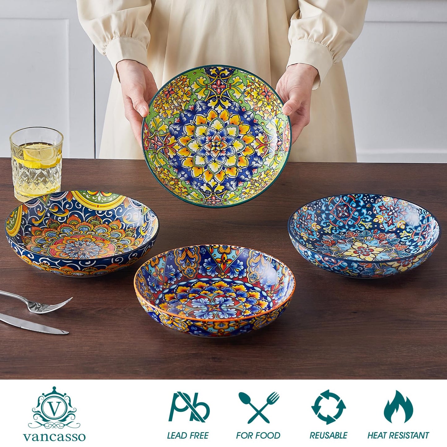 vancasso SIMI Pasta Bowls Set of 4, Porcelain Salad Bowls, 42 oz Large Corlorful Serving Bowls for Kitchen, Dishwasher & Microwave Safe Soup Bowls,