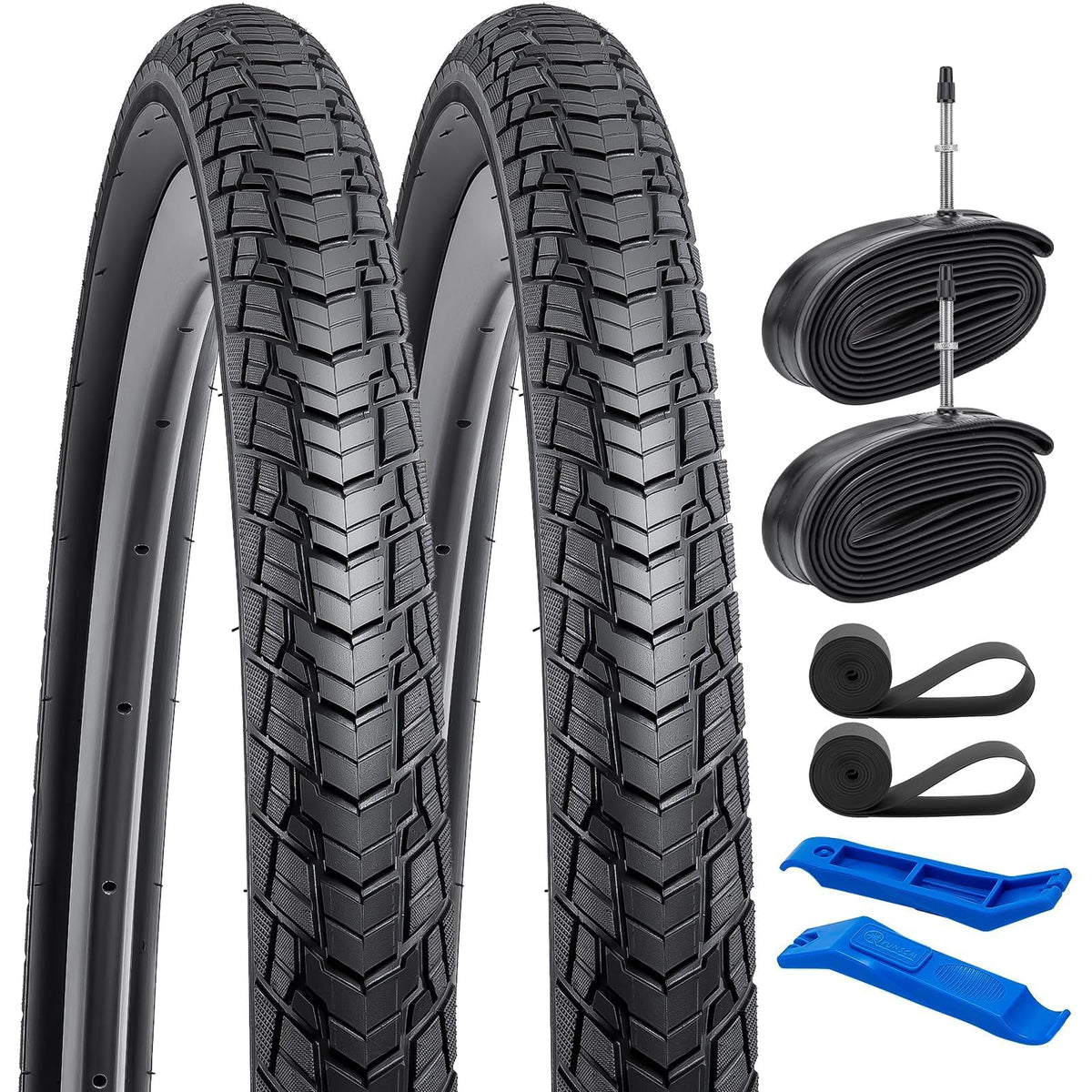 YunSCM 2-Pack 28 inch / 700C Road Bike Tyres 28x1.40 700x35C ETRTO 35-622 with 2 Pack 700C Bike Inner Tubes 700x35/43C FV48mm Presta Valve Compatible