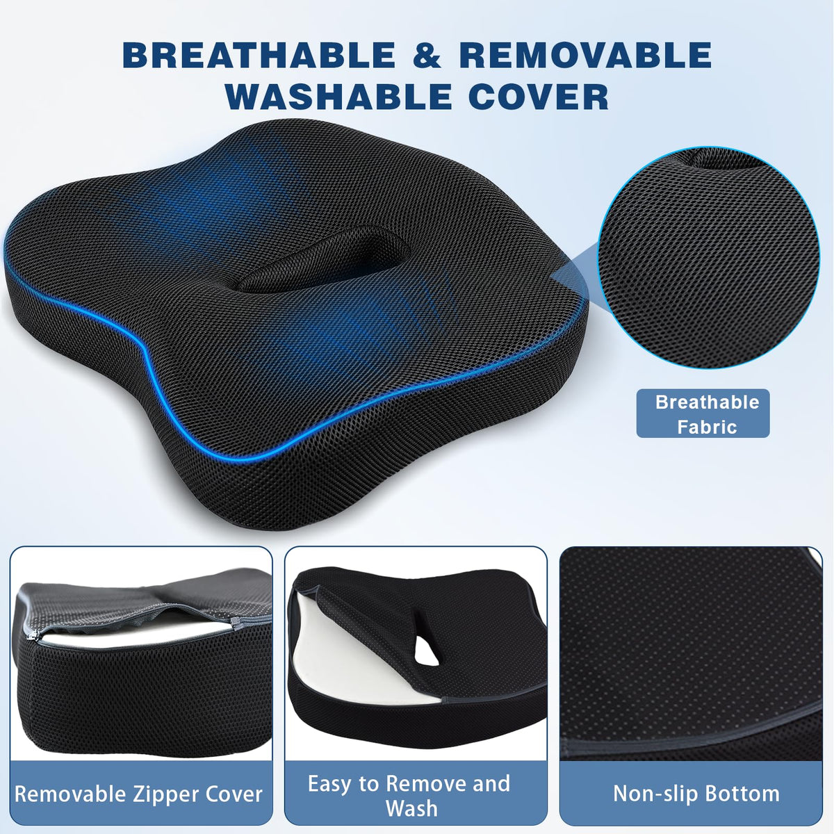 Zolirao Memory Foam Seat Cushion for Coccyx Support, Office Chair, Black