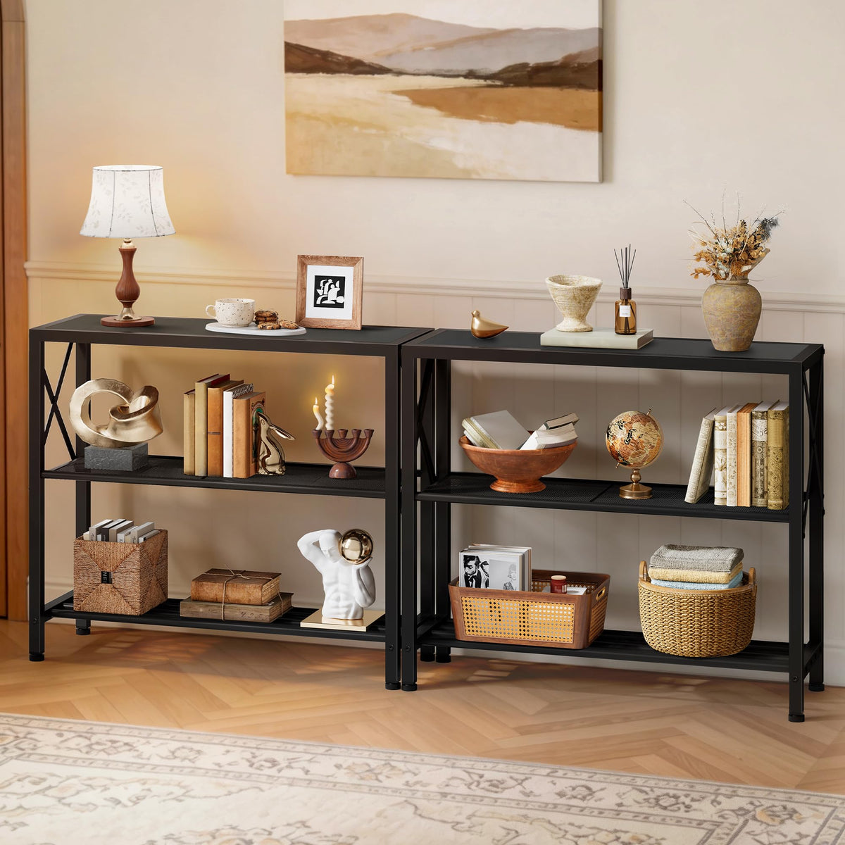 Hoctieon Industrial Console Table Set of 2, 3 Tier Entryway Table, Metal Frame, Sofa Tables with Shelf, Hallway Desk, Entrance Tables for Entryway