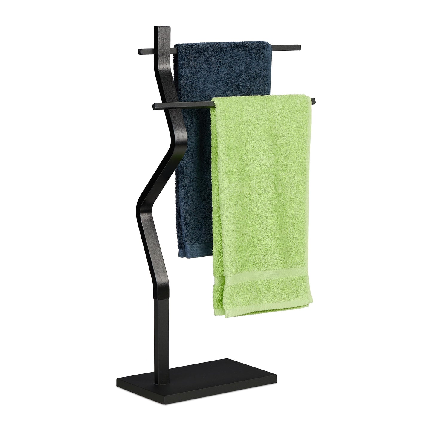 Relaxdays Towel Rack, 2 Rails, Free-Standing, 85 x 43.5 x 20 cm, Bathroom Stand for Bath Towels, Steel & MDF, Black
