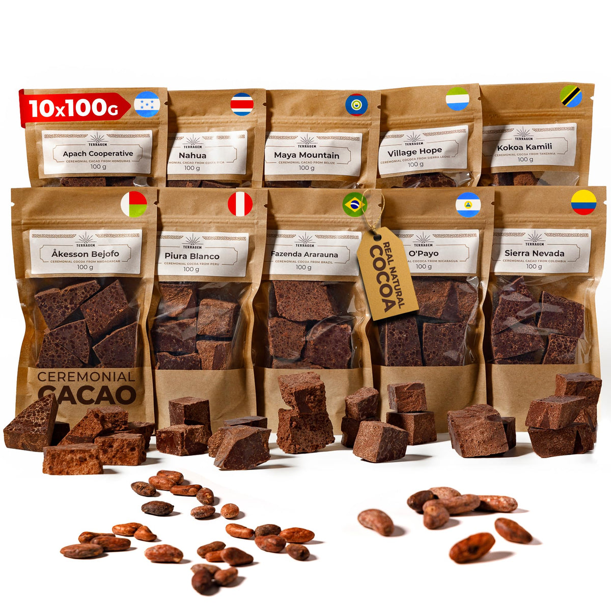 TERRAGEM Ceremonial Grade Cacao Mass Blocks - 10 x 100g (1kg Total, 10 Origins) - 100% Pure Unsweetened Paste - Melt & Whisk for Drinking Cacao, Hot