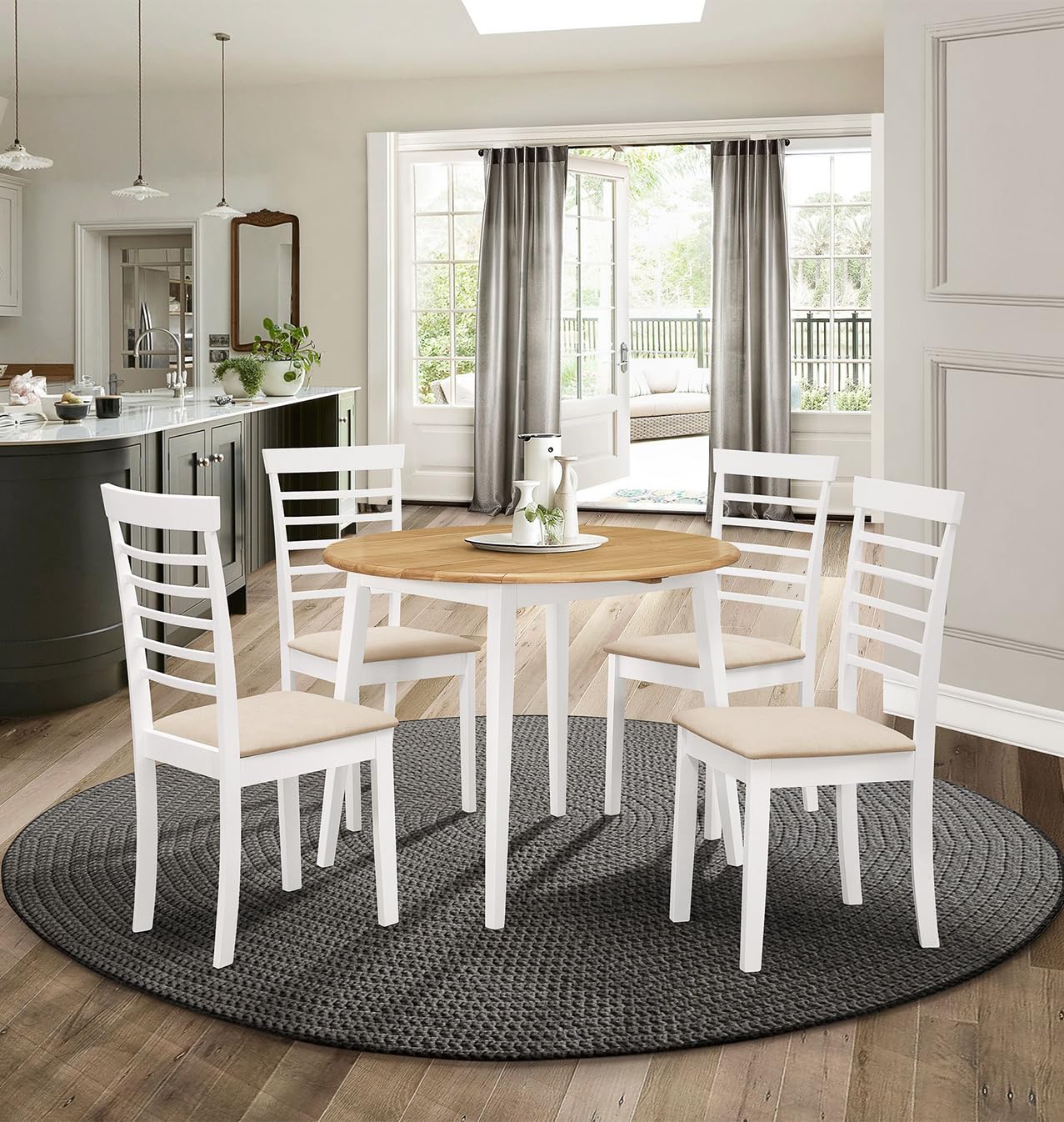Hallowood Furniture Ledbury Small White Round Dining Table and Chairs Set 4, Foldable Wooden Drop Leaf Table Kitchen Table and Chairs in Cream Fabric