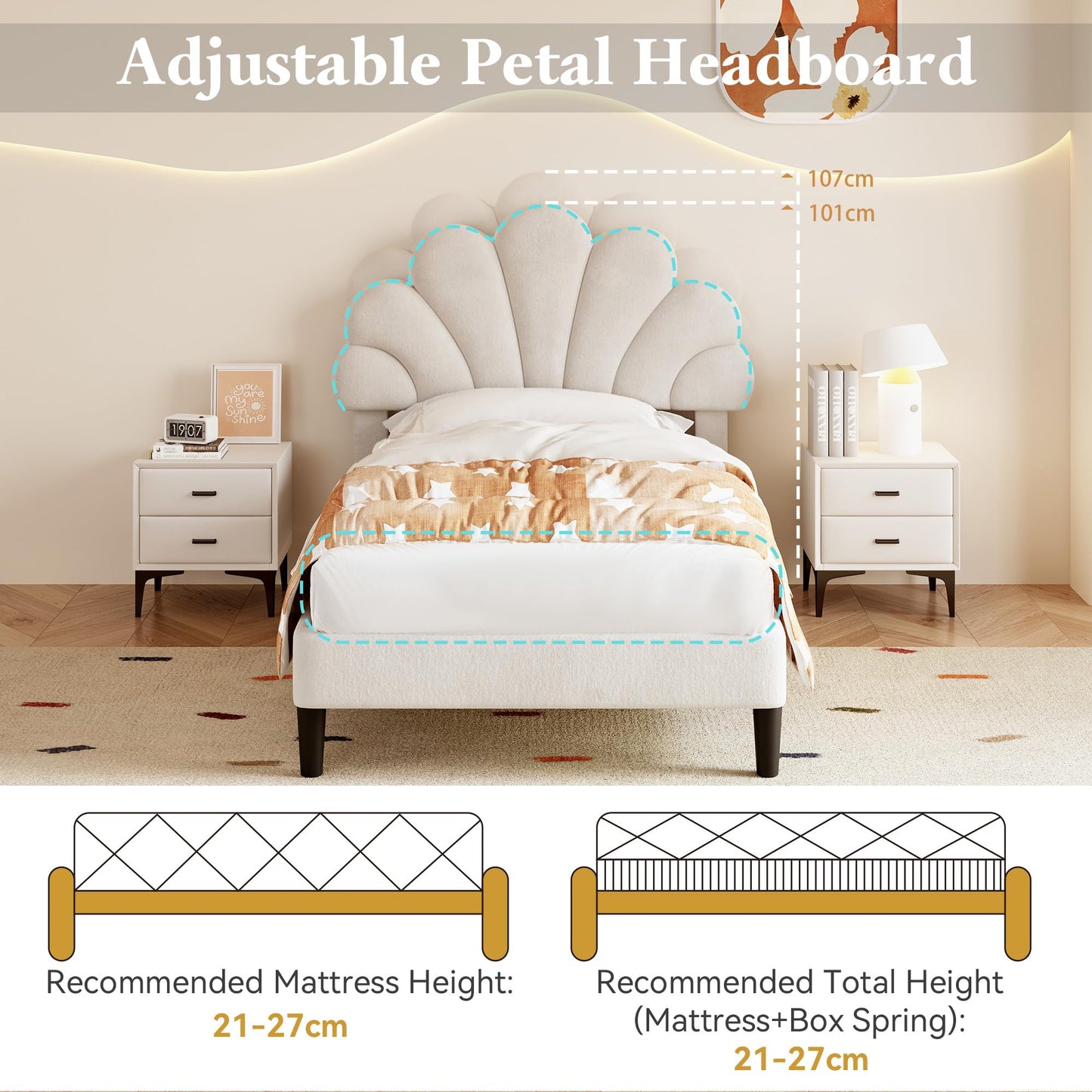 Ball & Cast Single bed frame, 3ft Single Upholstered Bed, Adjustable Chic Petal Headboard, Sturdy Wooden Slat Support, Velvet Fabric (No Mattress)