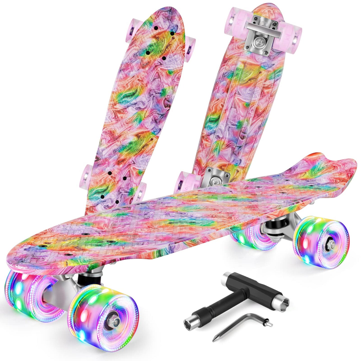BELEEV 22 inch Skateboards for Kids, Cruiser Skateboard for Girls Boys Teens Adults Beginners, LED Light up Wheels, Mini Skateboards Classic Complete