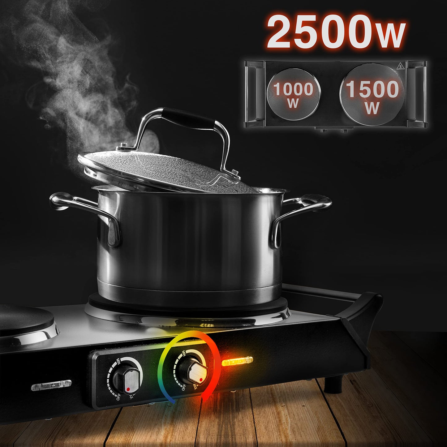 Duronic Hot Plate HP2 BK, Table Top Cooking, 2500W Black Steel Electric Double Hob with Handles, 2 Cast Iron Portable Hob Burner Rings (1500W & 1000W)