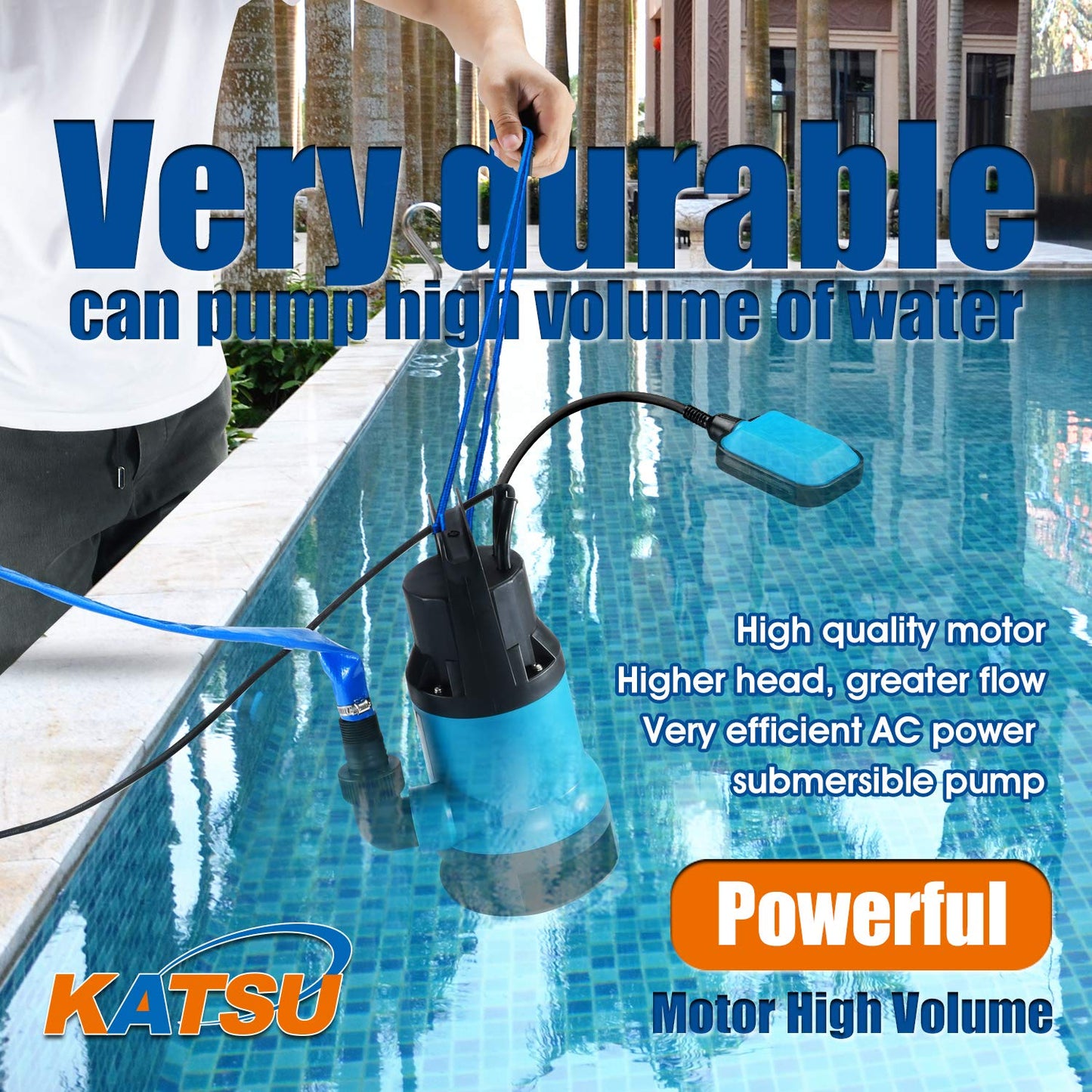 KATSU 400W Portable Submersible Pump for Clean and Dirty Water 8000L/h for Garden Pond, Pools, Ditches + 10m 1" PVC Hose + Quick Coupler Connector +