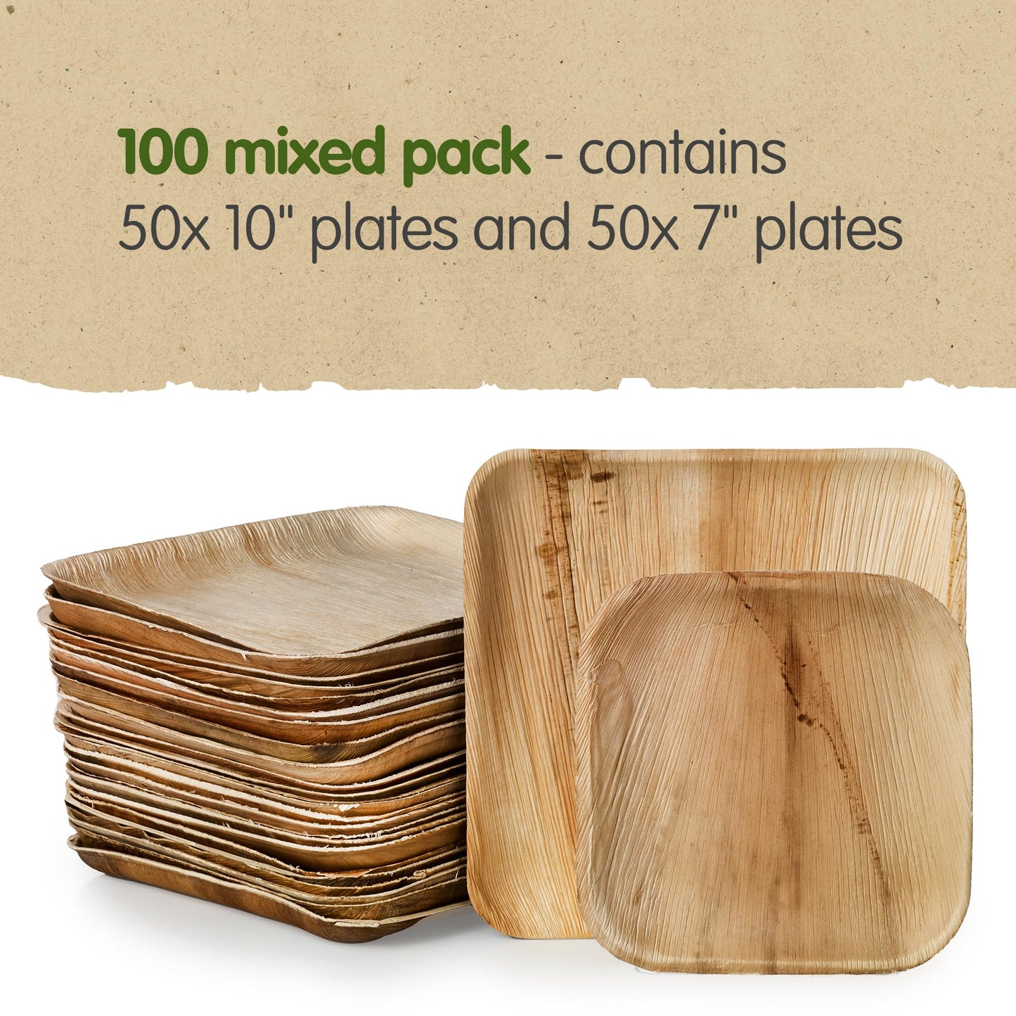 Signature Packaging - Disposable Palm Leaf Plates - 10" and 7" (100 Combo Pack) - Sturdy, Square Party Plates