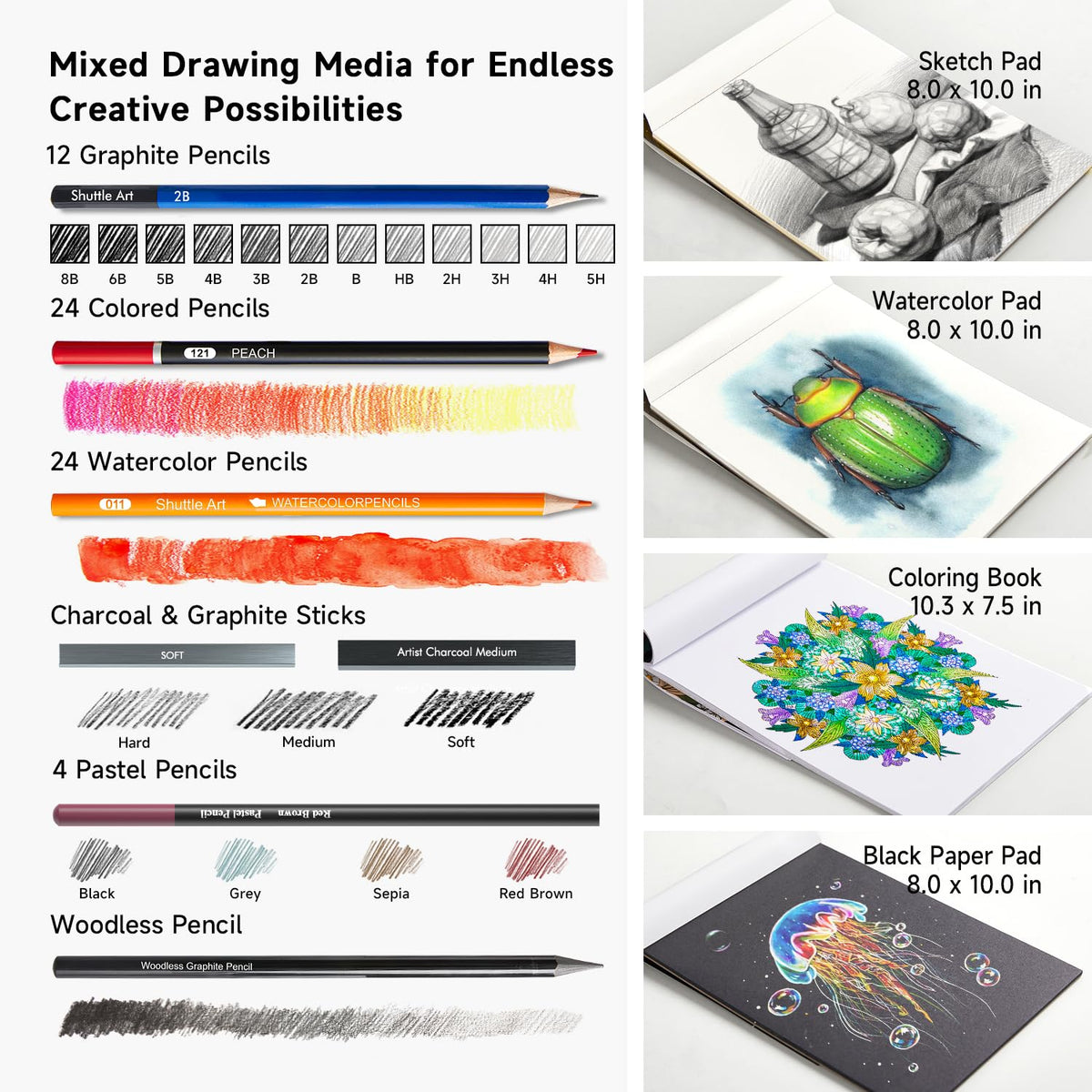 Shuttle Art 116 Pack Sketching and Drawing Pencils Set, Sketch Art Pencil Set with 4 Drawing Pads, Graphite Pencils in Zipper Case, Colouring Pencils