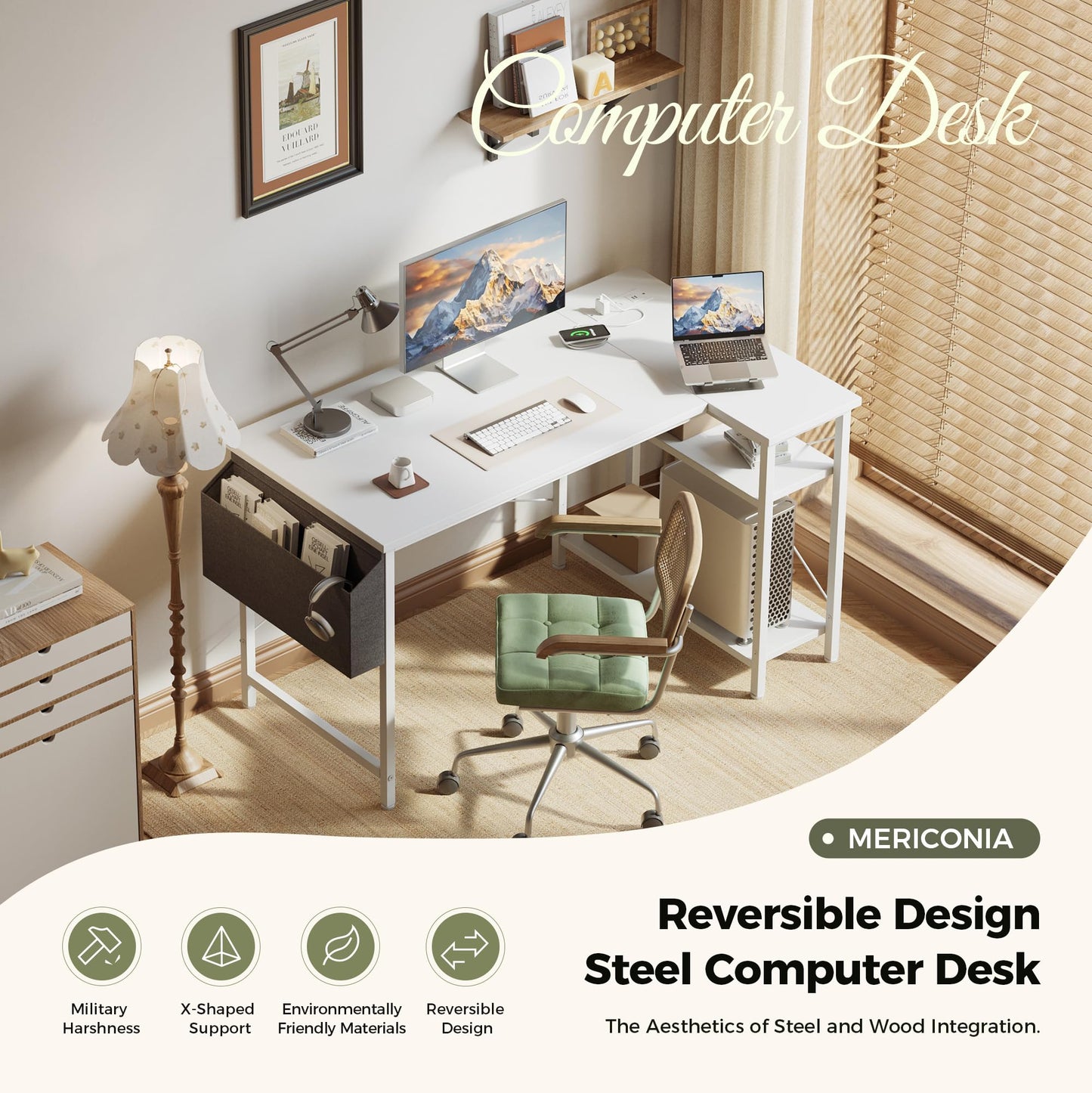 Mericonia Reversible Corner Desk, w. Power Outlets, 140x70cm, White