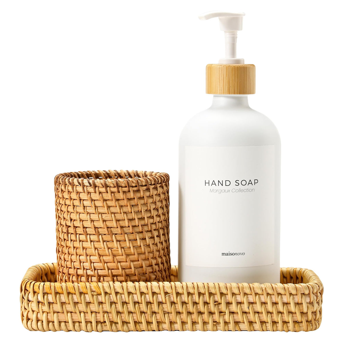 MaisoNovo Rattan Bathroom Set - White Countertop Dispenser, Toothbrush Holder & Toothpaste Cup with Tray - Set of 3 - Rattan Bathroom Vanity Trays
