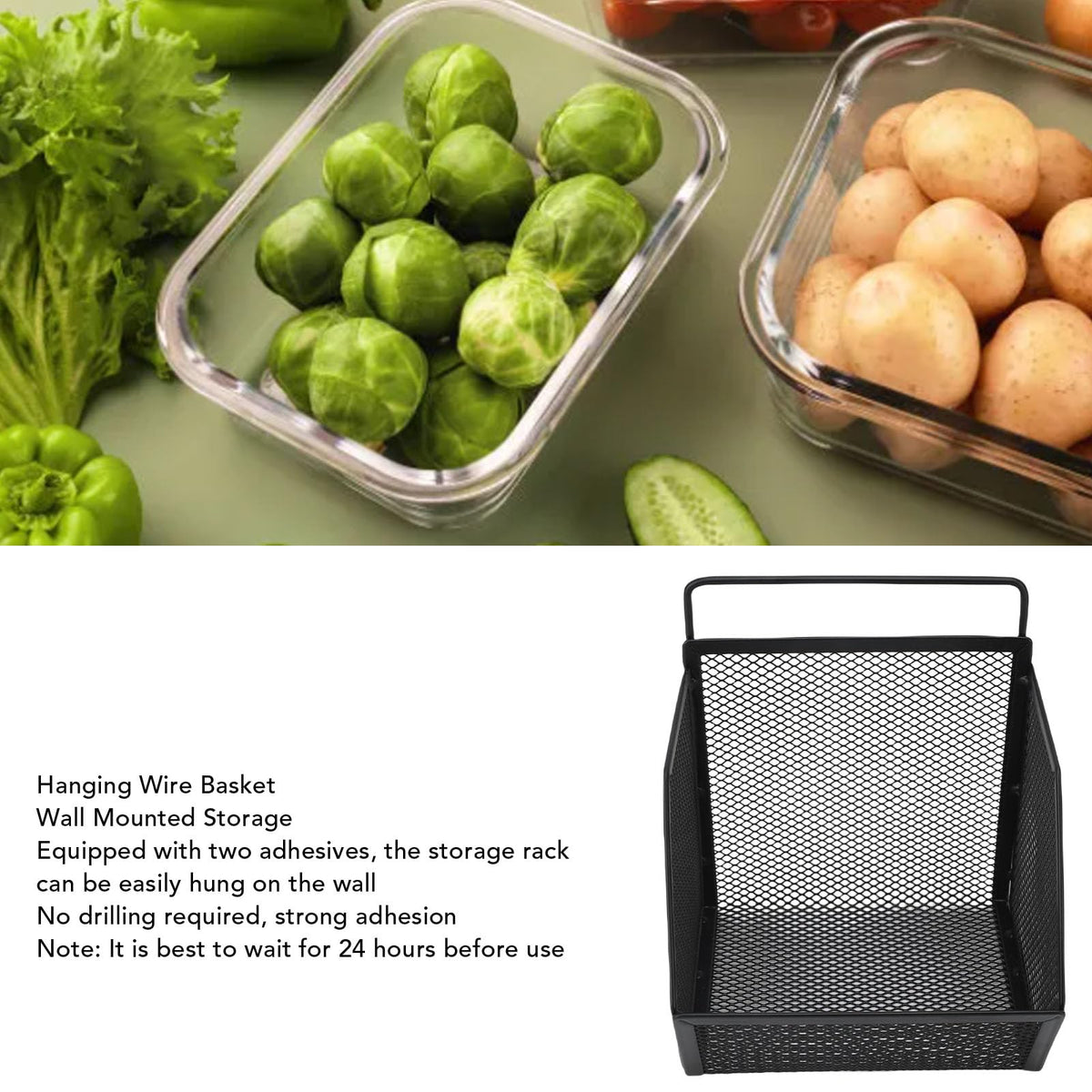 Tnfeeon Wall Mounted Wire Basket, Strong Adhesive, Sturdy Metal Structure, 11lb Capacity, Open Wire Design, Kitchen or Bedroom, Compact 13.2x10x15cm