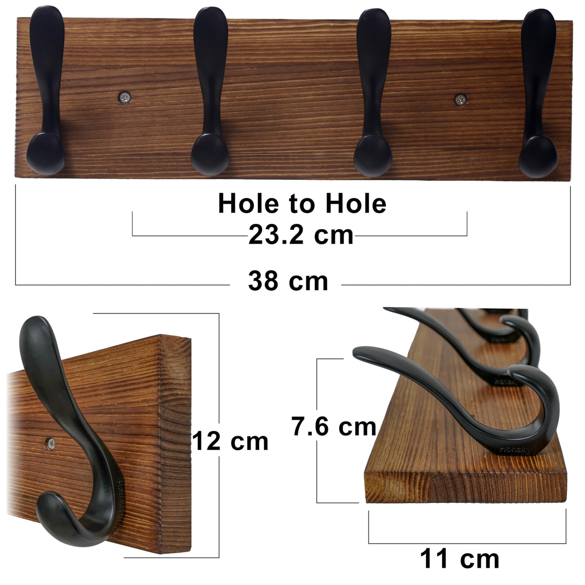 HONSKY Wooden Coat Rack Wall Mounted with 4 Double Hooks, Wall Mounted Clothes Rack Organizer for Jackets/Hats/Scarves