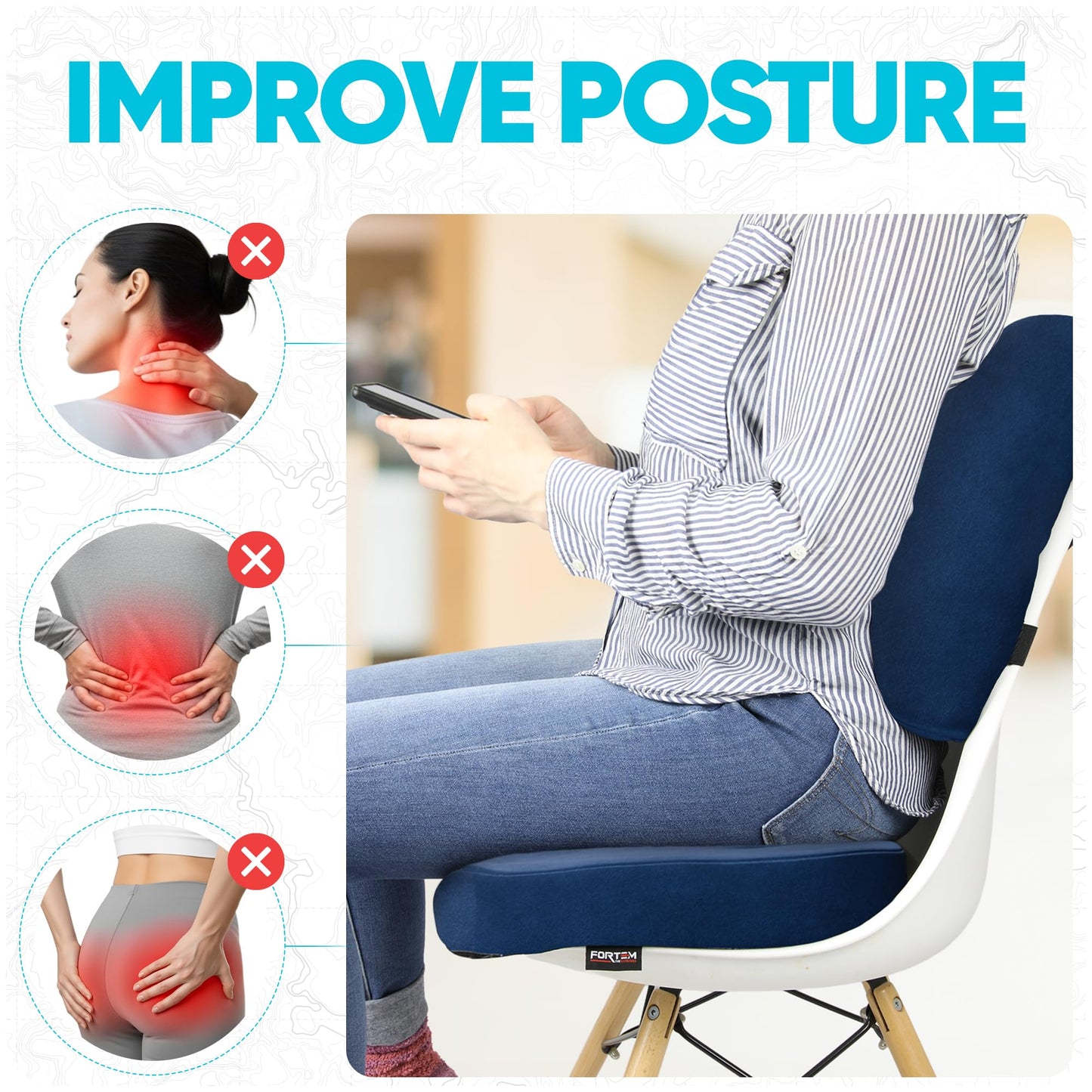 FORTEM Seat Cushion & Lumbar Support for Office Chair, Car Seat Combo