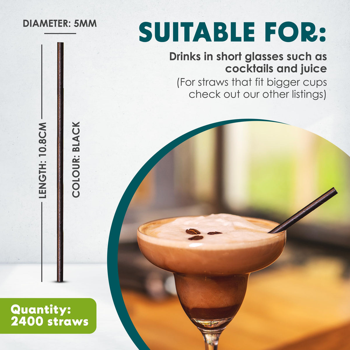 SustainaBuddies 2400 Cocktail Disposable Paper Drinking Straws | FSC-Certified, Biodegradable and Compostable | Strong and Durable
