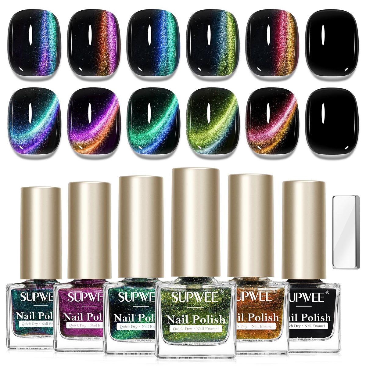 SUPWEE Magnetic Nail Polish Set, 5 colour Holographic Glitter Cat Eye Nail Polish Non Gel with Magnet Black Primer Air Drying Fast Fingernail Lacquer
