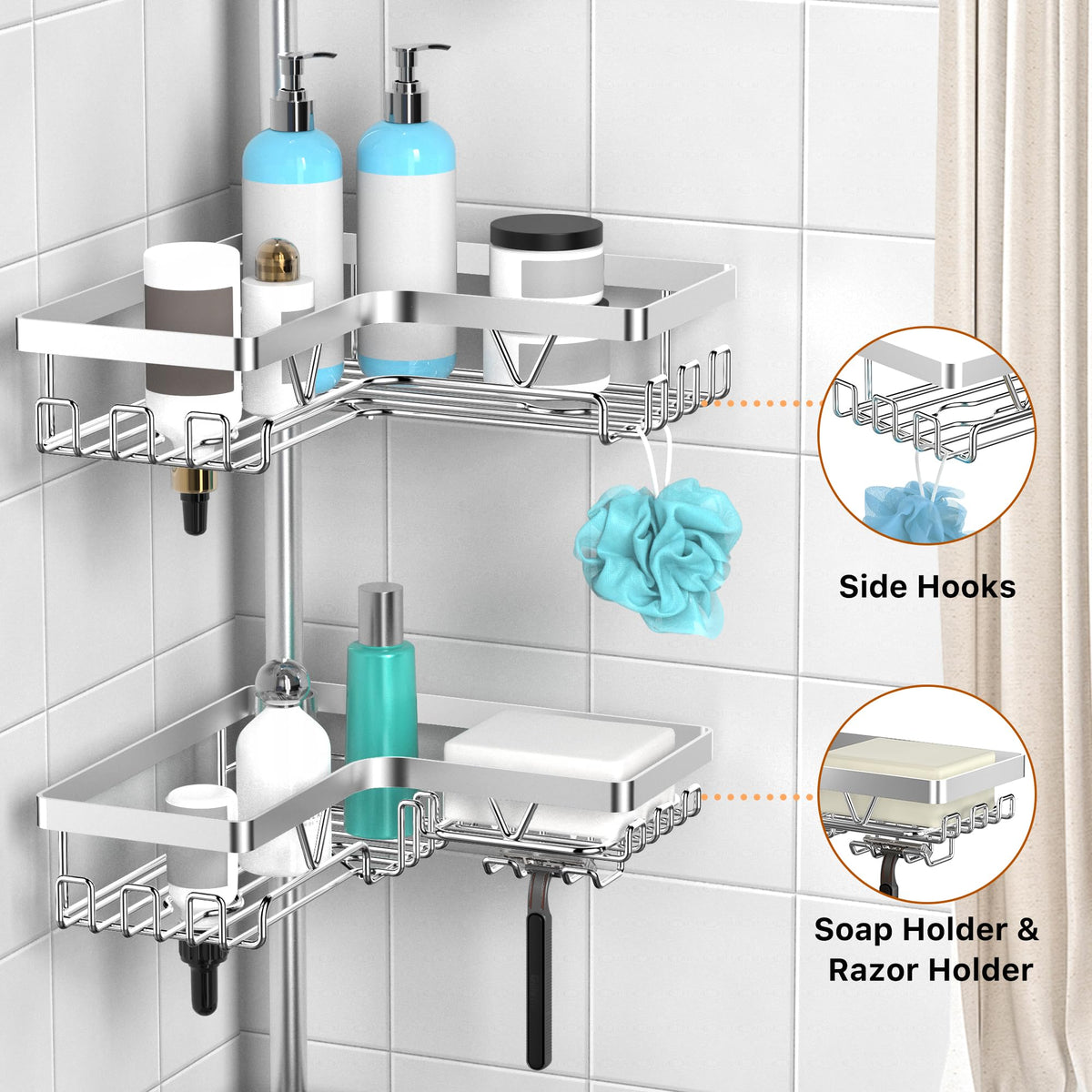 Kegii 6-Tier Telescopic Shower Caddy Corner, Corner Shower Caddy Adjustable Pole (63.5-290 cm)