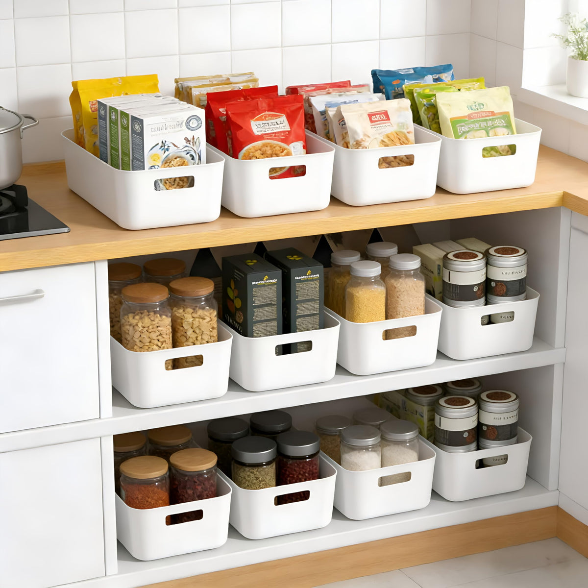 Furnestorica Pack of 10 Plastic Storage Boxes with Handles, Stackable Organiser Box 20.5 x 14.5 x 7.5 cm for Kitchen, Bathroom, Cupboard, Shelf