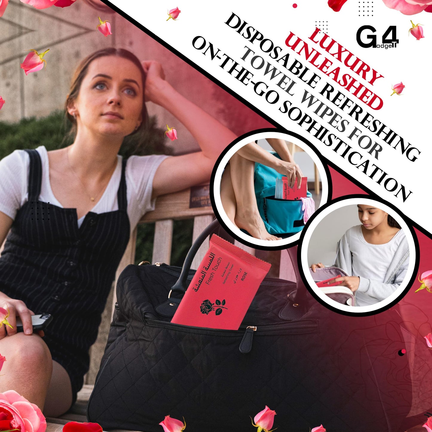 G4GADGET Luxury Disposable Refreshing Towel Wipes 6 Pack - Rose Scent | 25cm x 25cm Towels for Hands & Face | Hot & Cold Use | Ideal for Travel