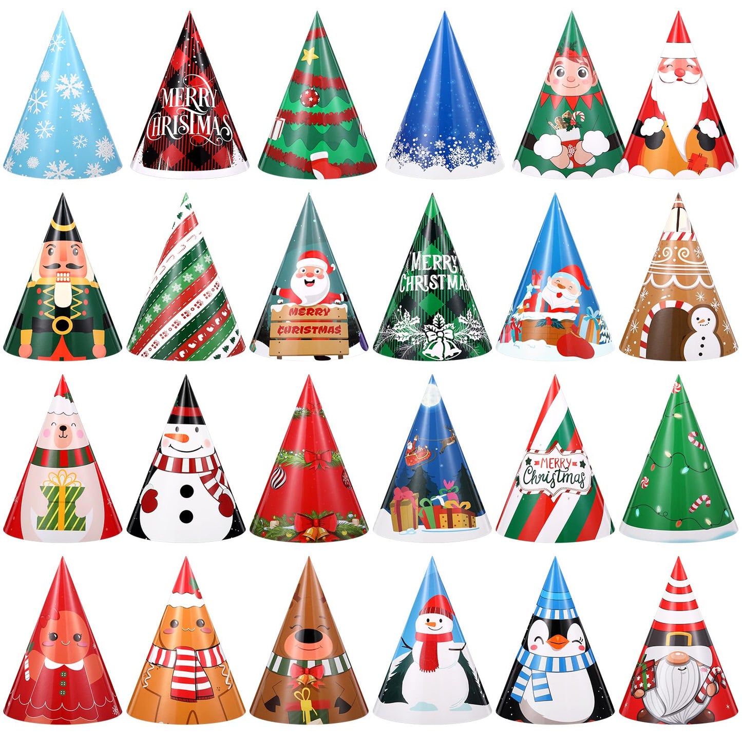 Harrycle 24 Pcs Christmas Party Hats Paper Xmas Tree Reindeer Santa Snowman Elf Cone Hat Christmas Photo Props Party Favors (Cute Style)